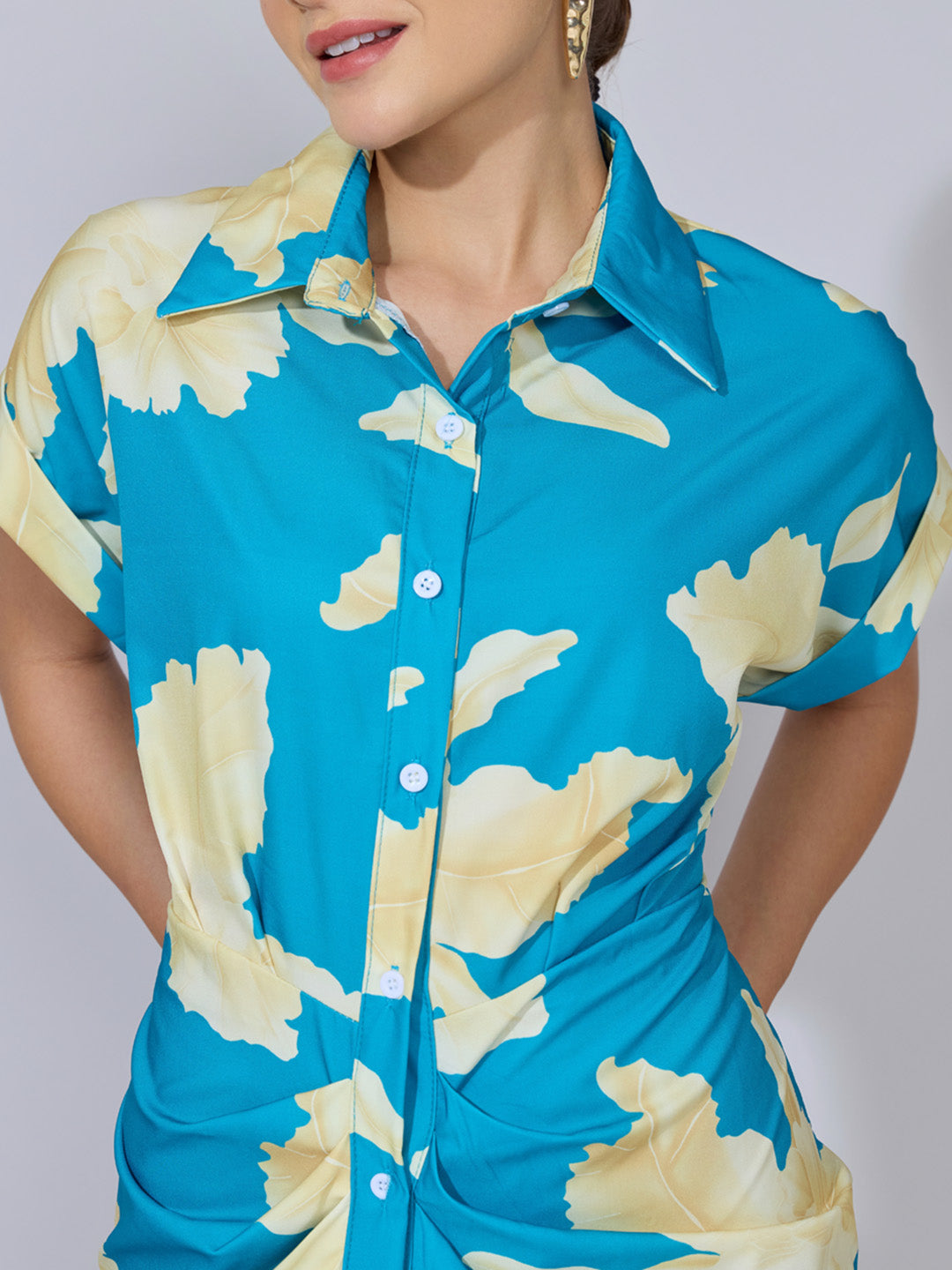 Women's Floral Blue Cream Shirt Midi Dress with Draped Waist