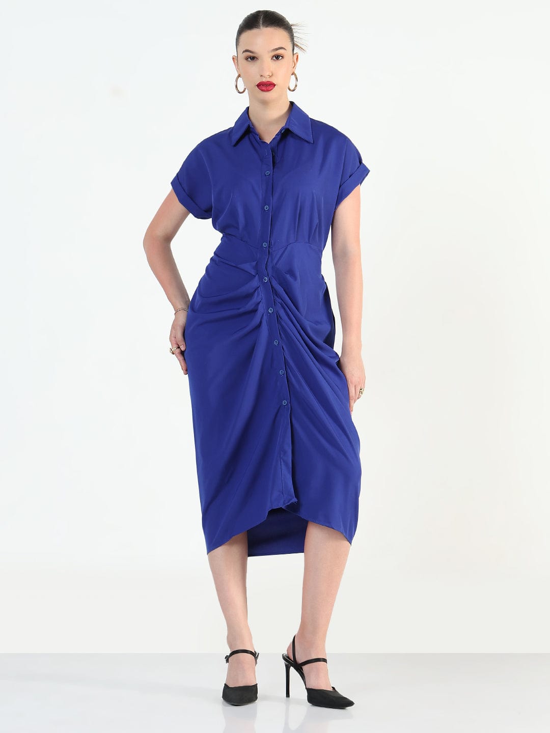 Women's Blue Shirt Style Draped Midi Dress