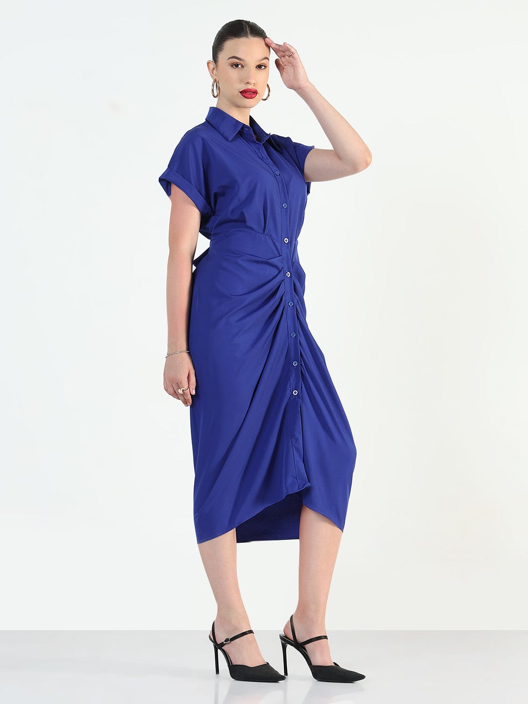 Women's Blue Shirt Style Draped Midi Dress