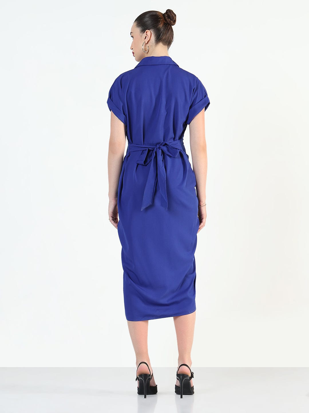 Women's Blue Shirt Style Draped Midi Dress