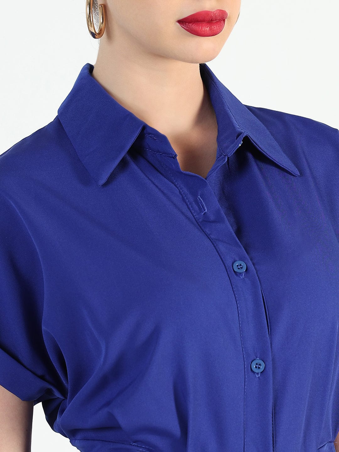 Women's Blue Shirt Style Draped Midi Dress