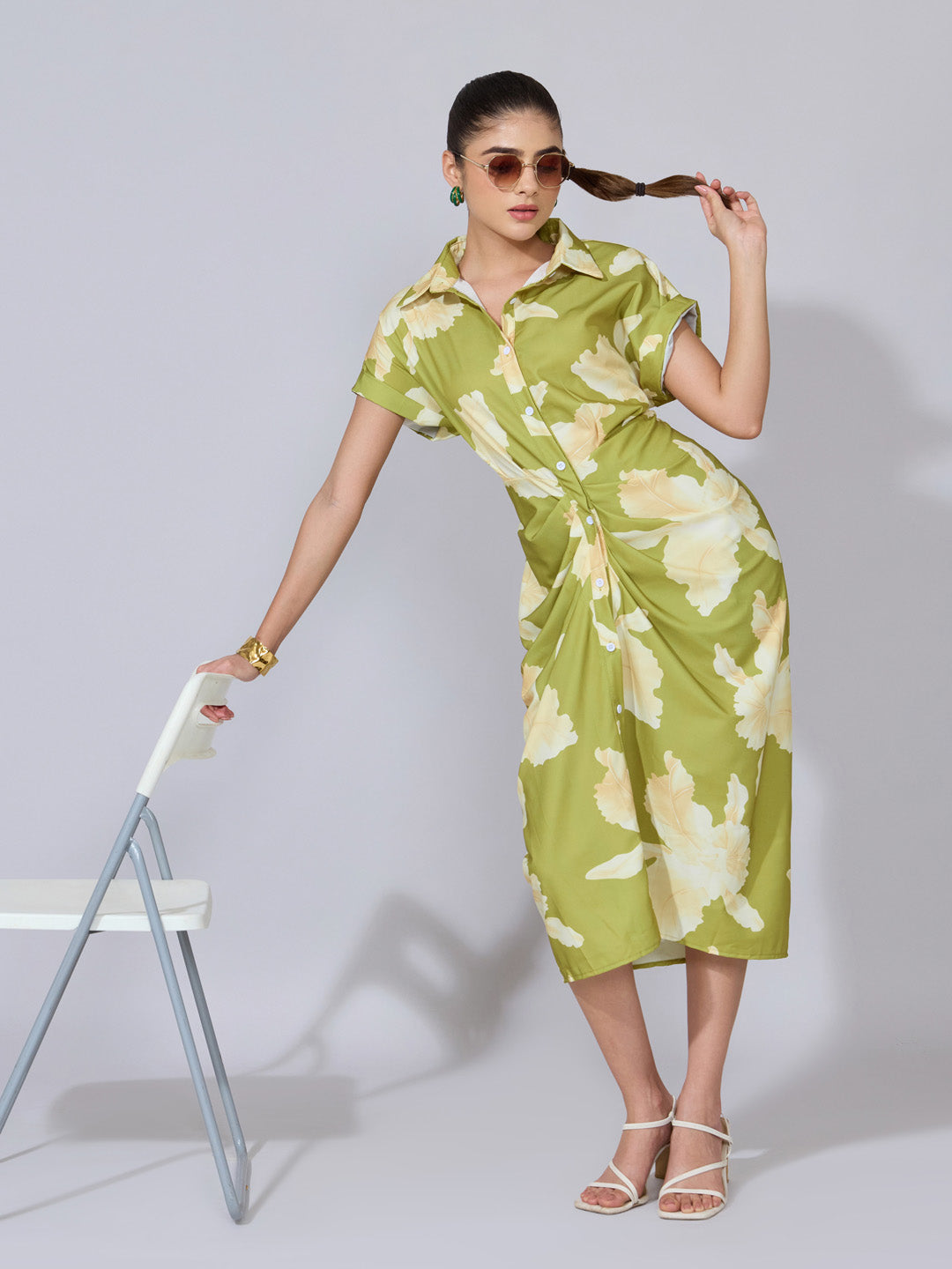 Women's Floral Green Shirt Midi Dress with Draped Waist