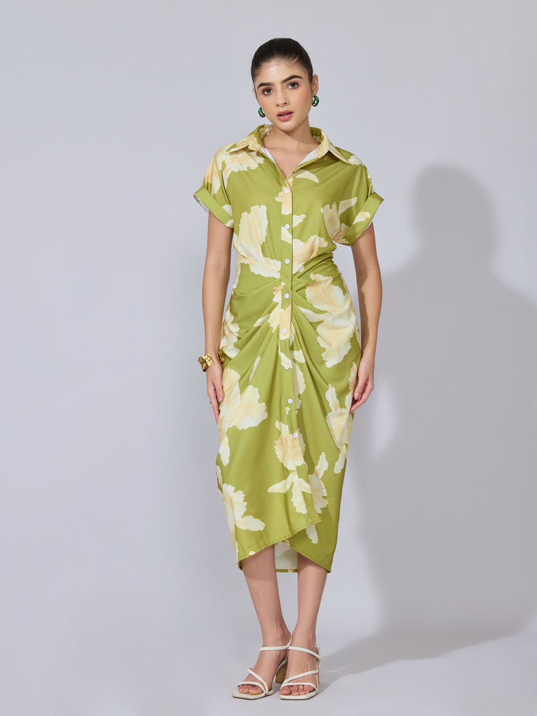 Women's Floral Green Shirt Midi Dress with Draped Waist