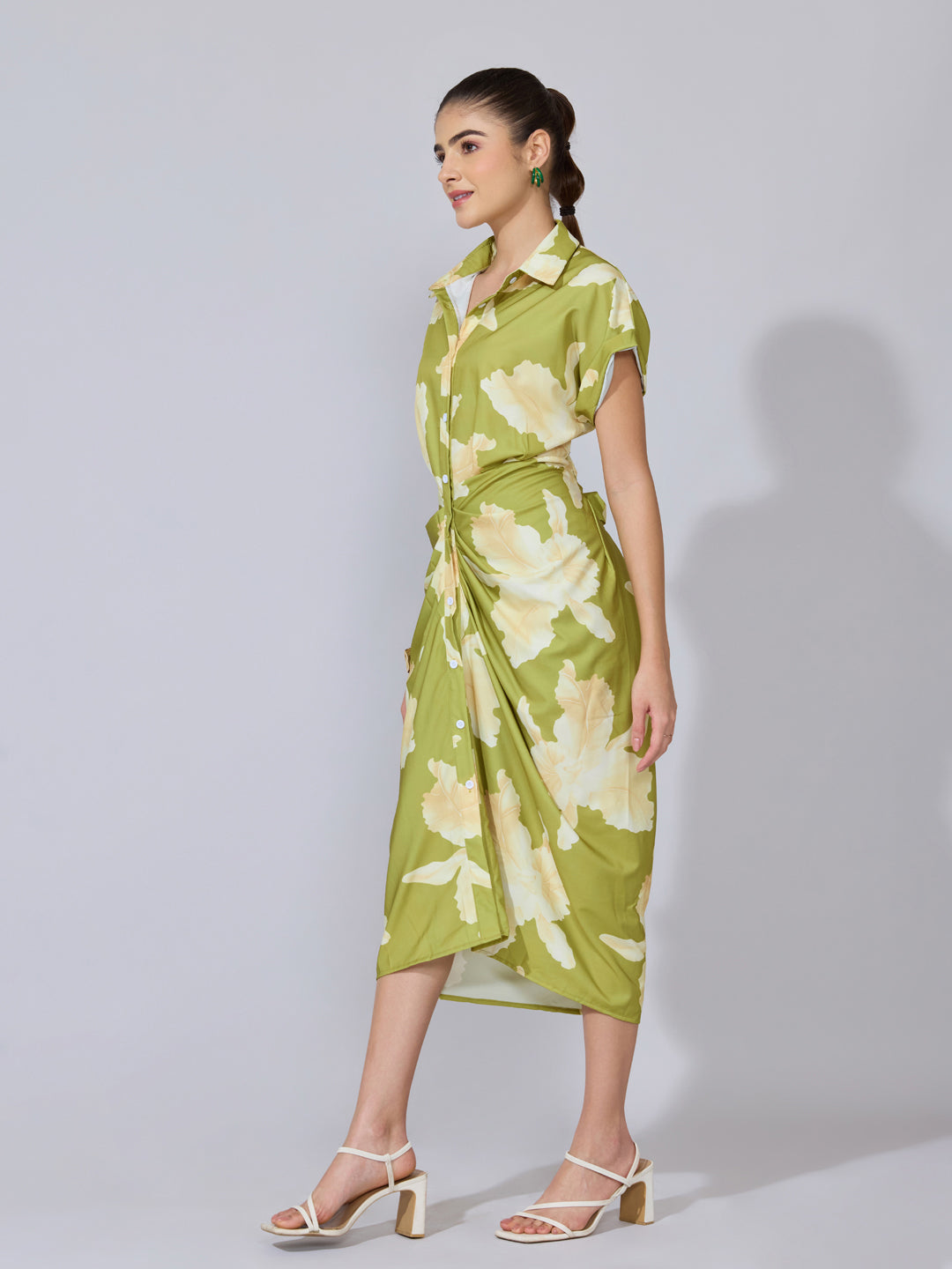 Women's Floral Green Shirt Midi Dress with Draped Waist