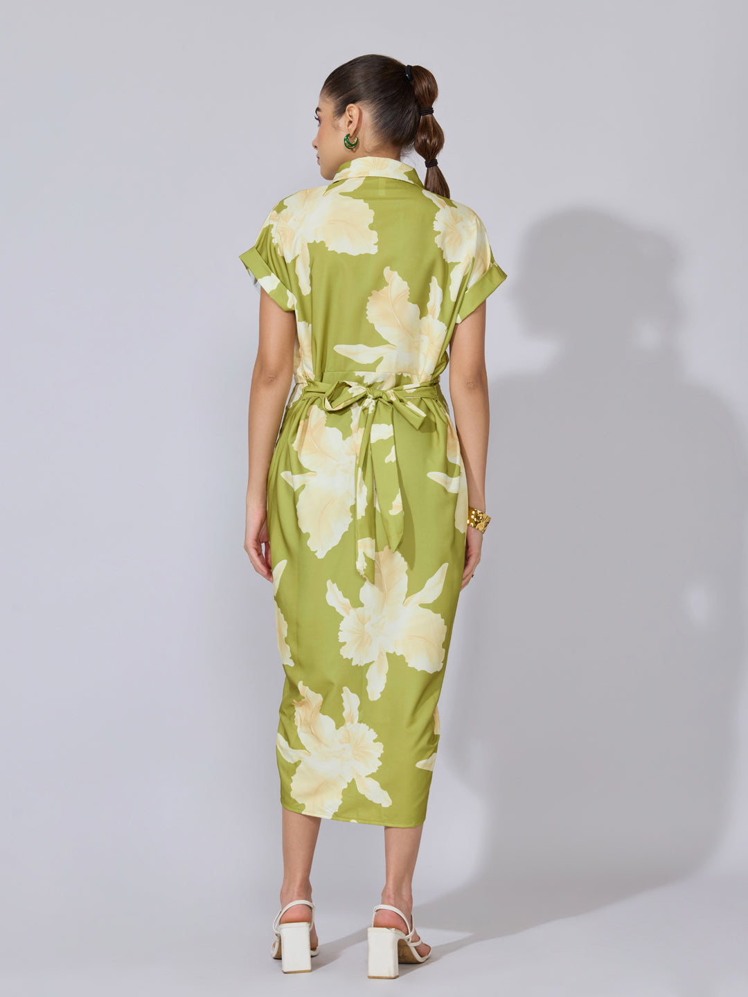 Women's Floral Green Shirt Midi Dress with Draped Waist