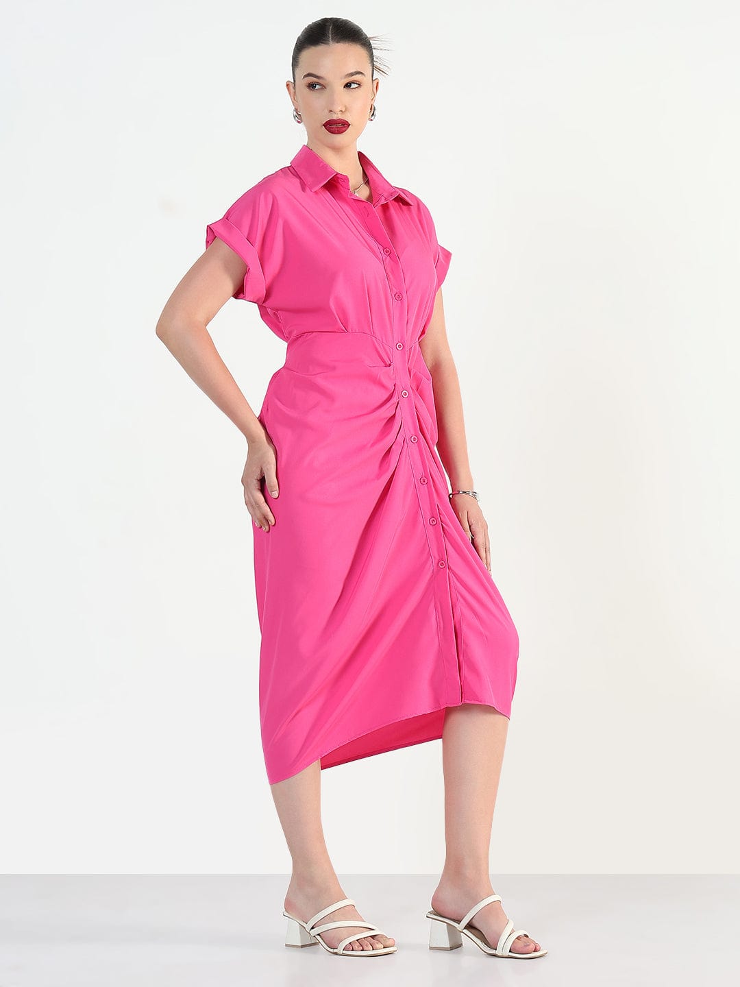 Women's Pink Shirt Style Draped Midi Dress