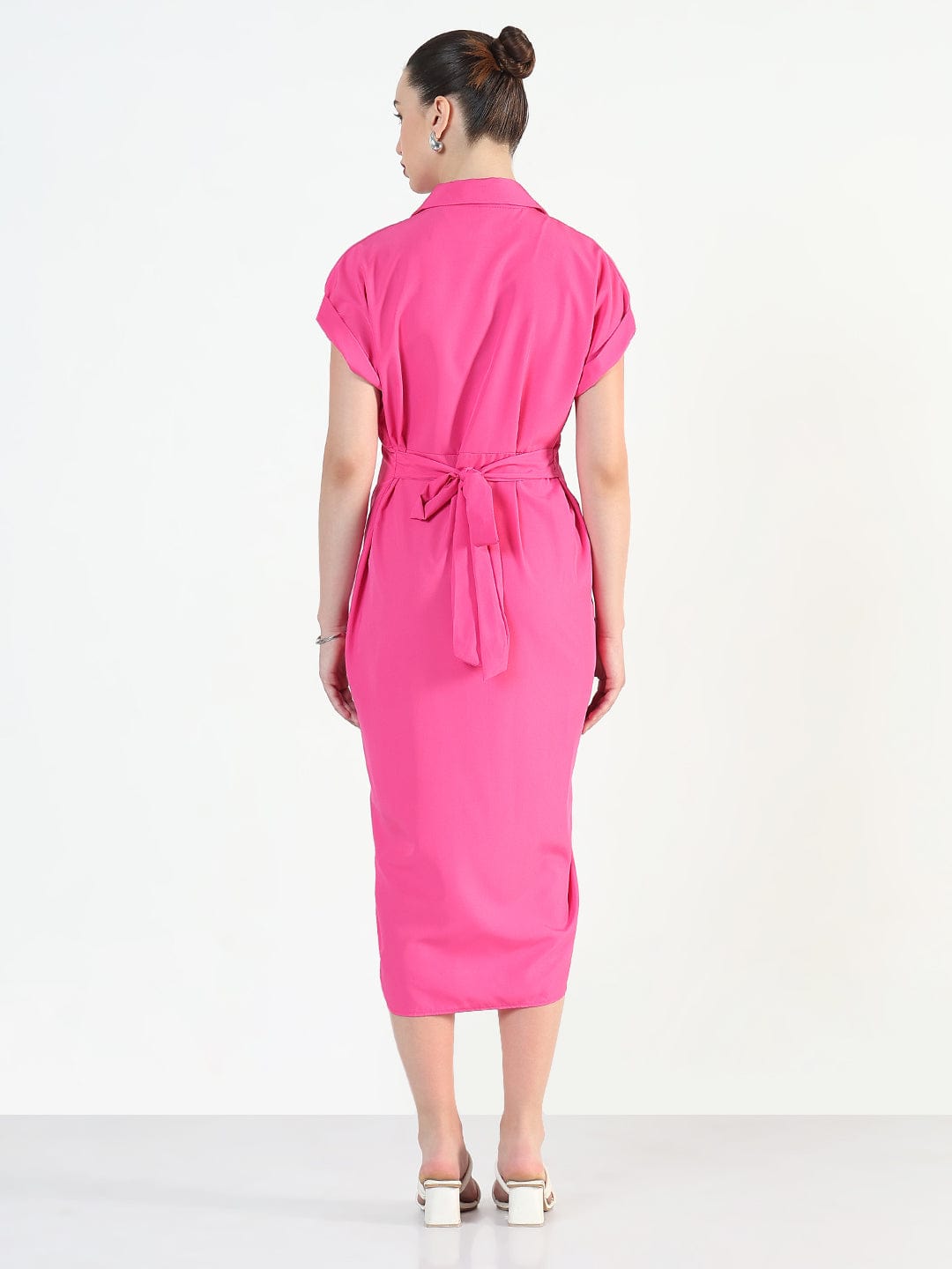 Women's Pink Shirt Style Draped Midi Dress