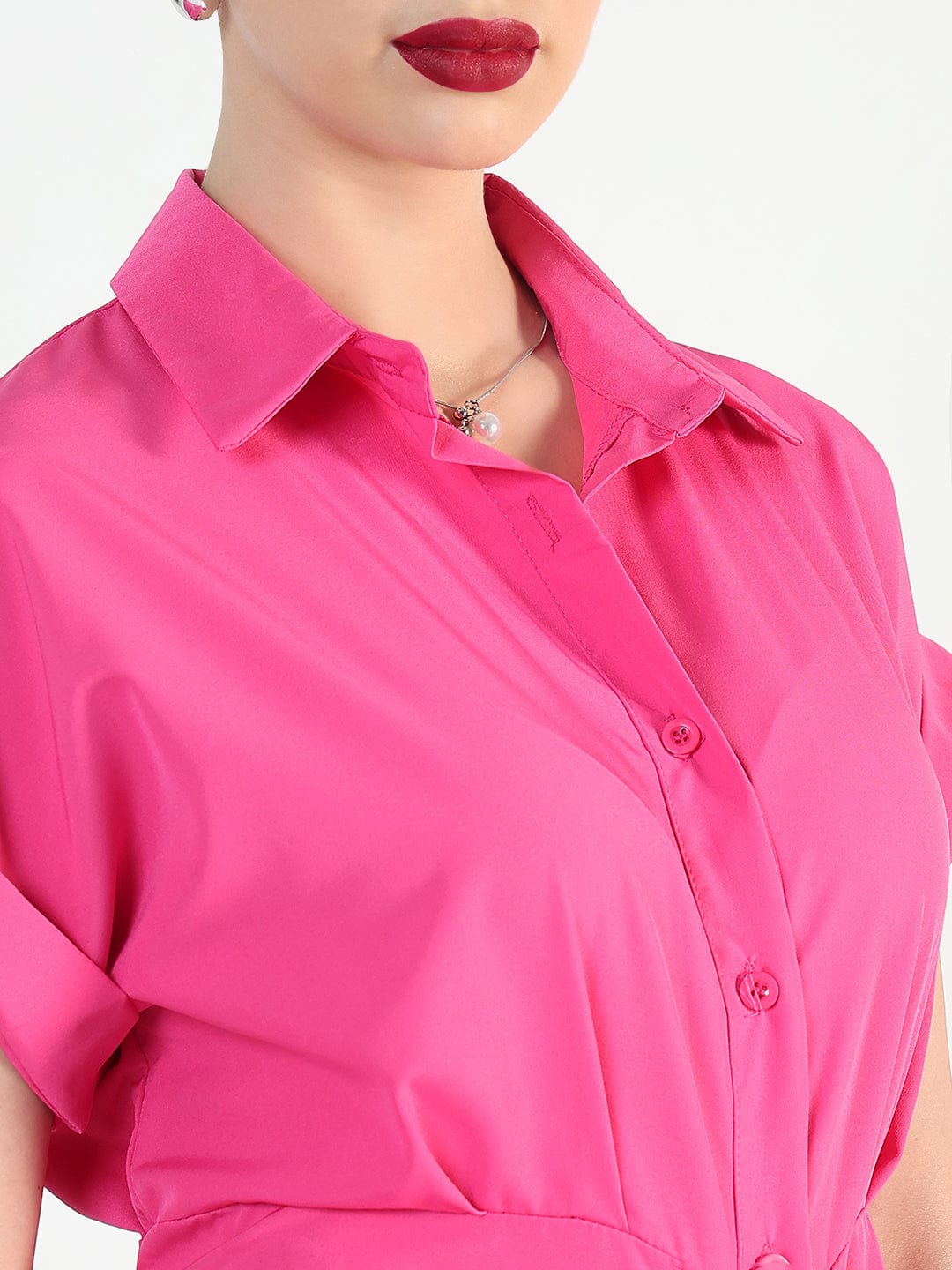 Women's Pink Shirt Style Draped Midi Dress