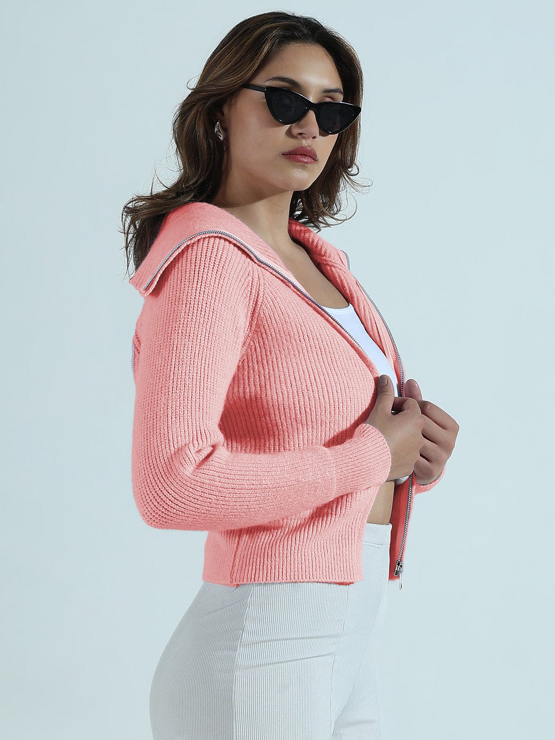 Women's Ribbed Pink Polo Collar Sweater with Zip