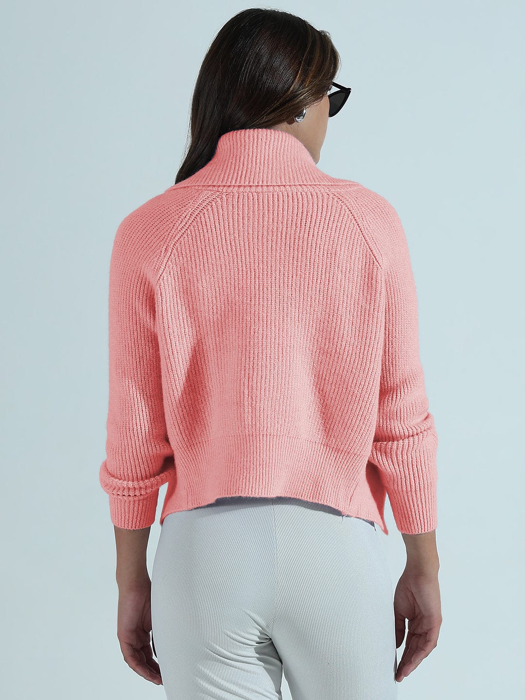 Women's Ribbed Pink Polo Collar Sweater with Zip