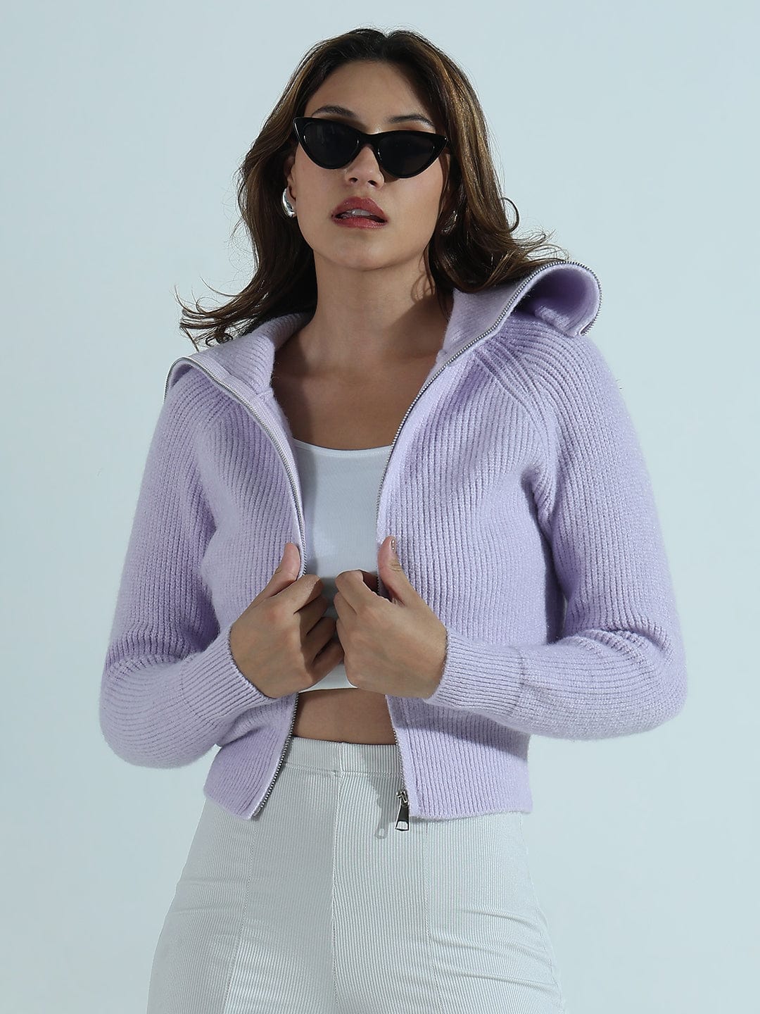Women's Ribbed Purple Polo Collar Sweater with Zip