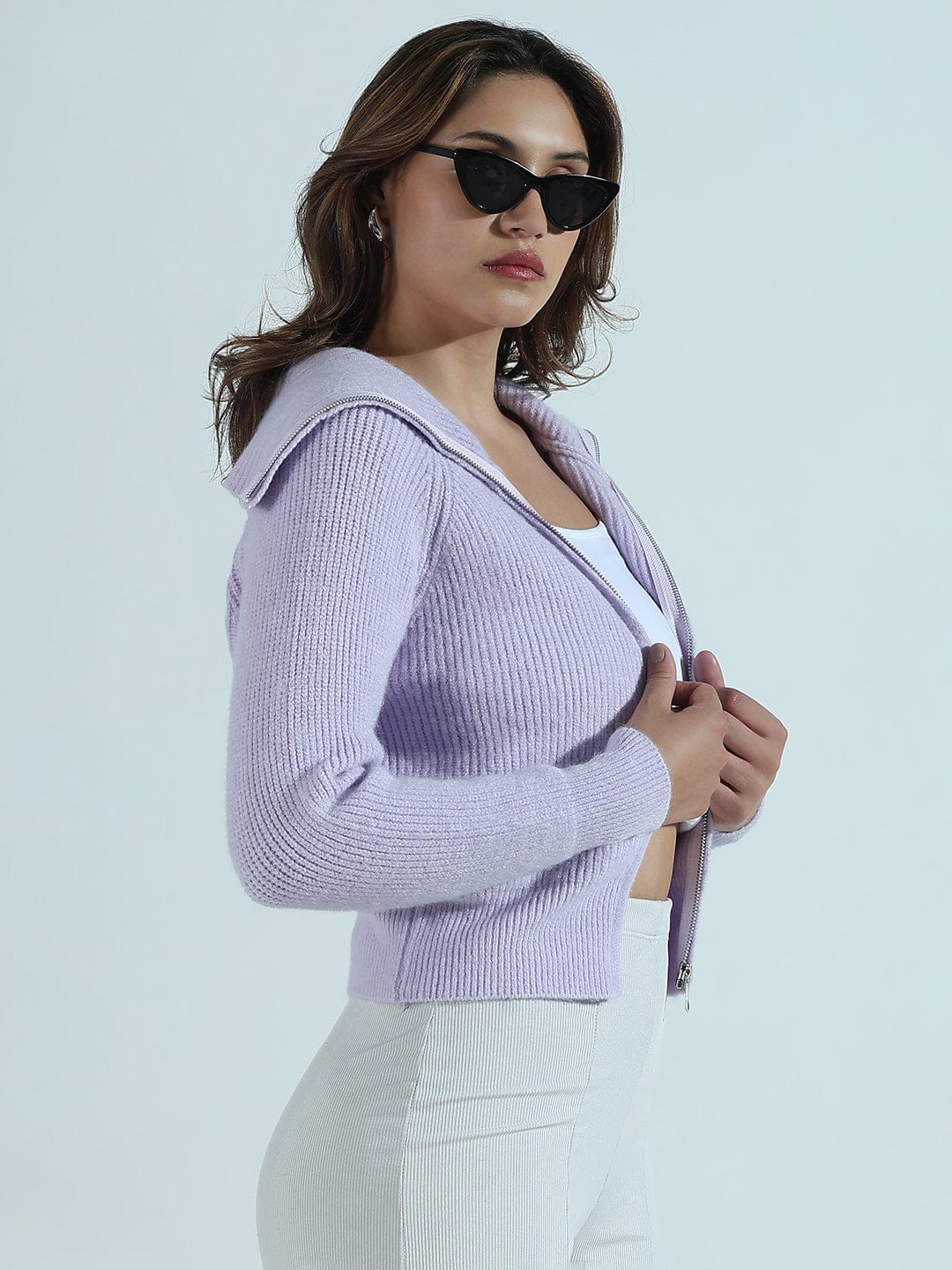 Women's Ribbed Purple Polo Collar Sweater with Zip