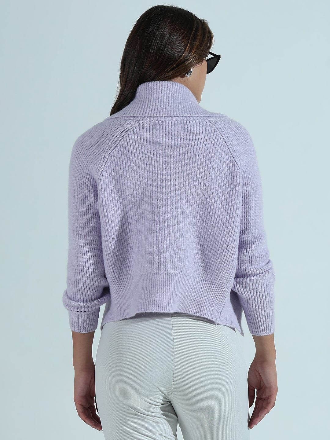 Women's Ribbed Purple Polo Collar Sweater with Zip