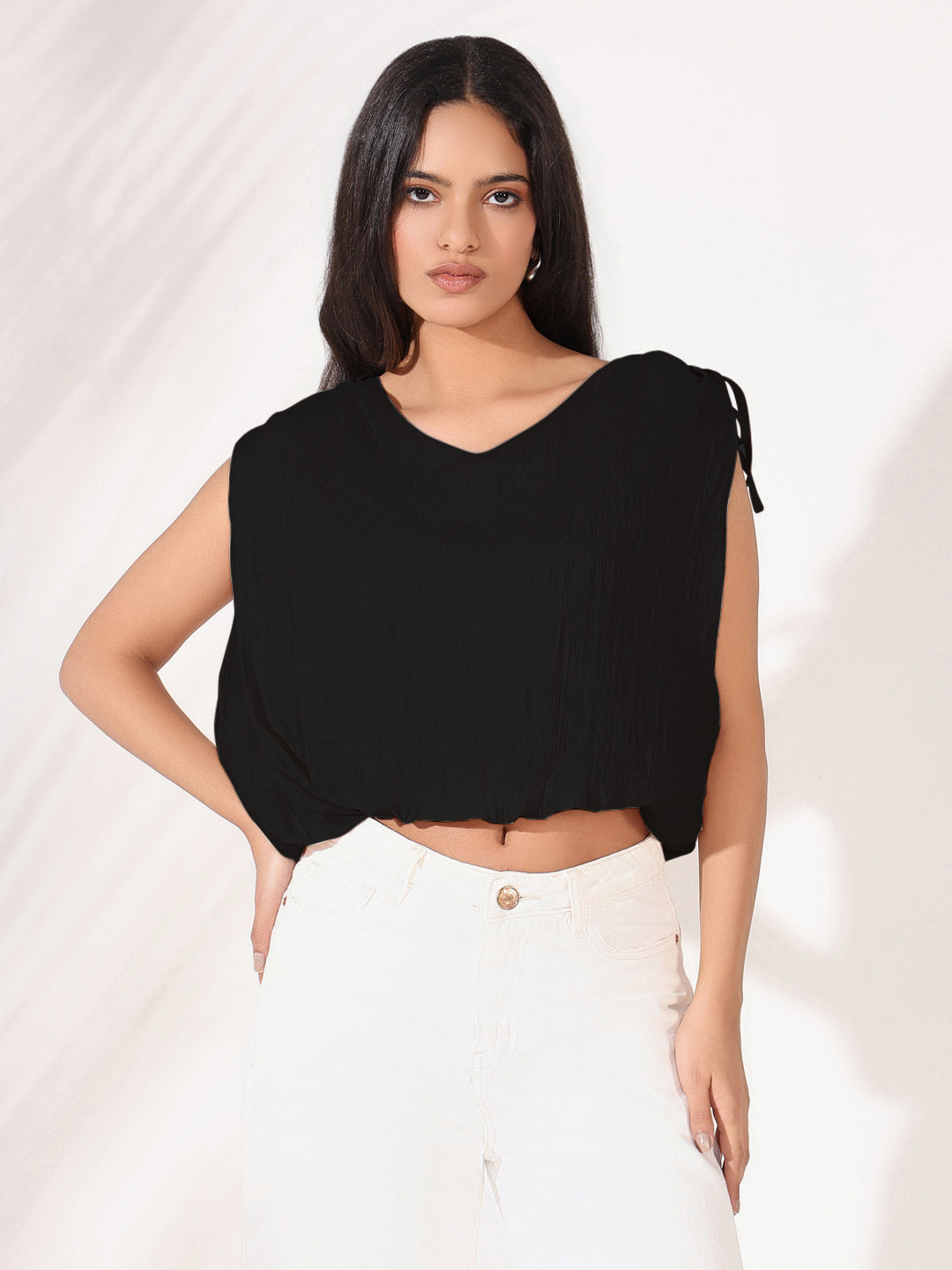 Women Solid Black V-Neck  Blouson Crop Top