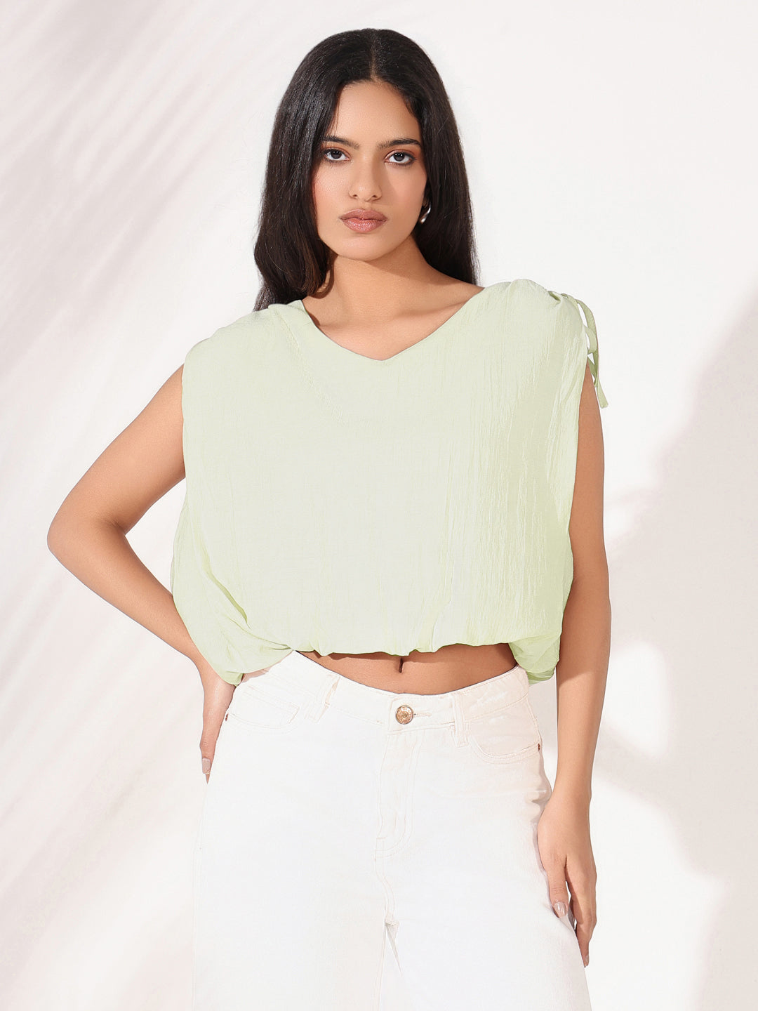 Women Solid Green V-Neck Blouson Crop Top