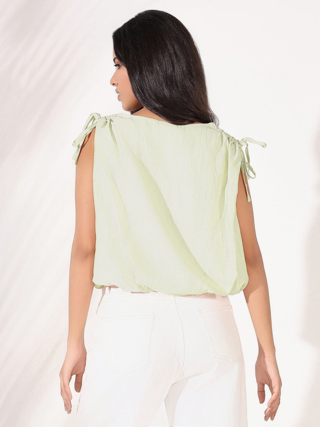 Women Solid Green V-Neck Blouson Crop Top