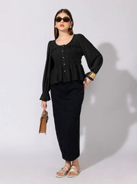 Women's Black V-Neck Long Sleeve Smocked Top