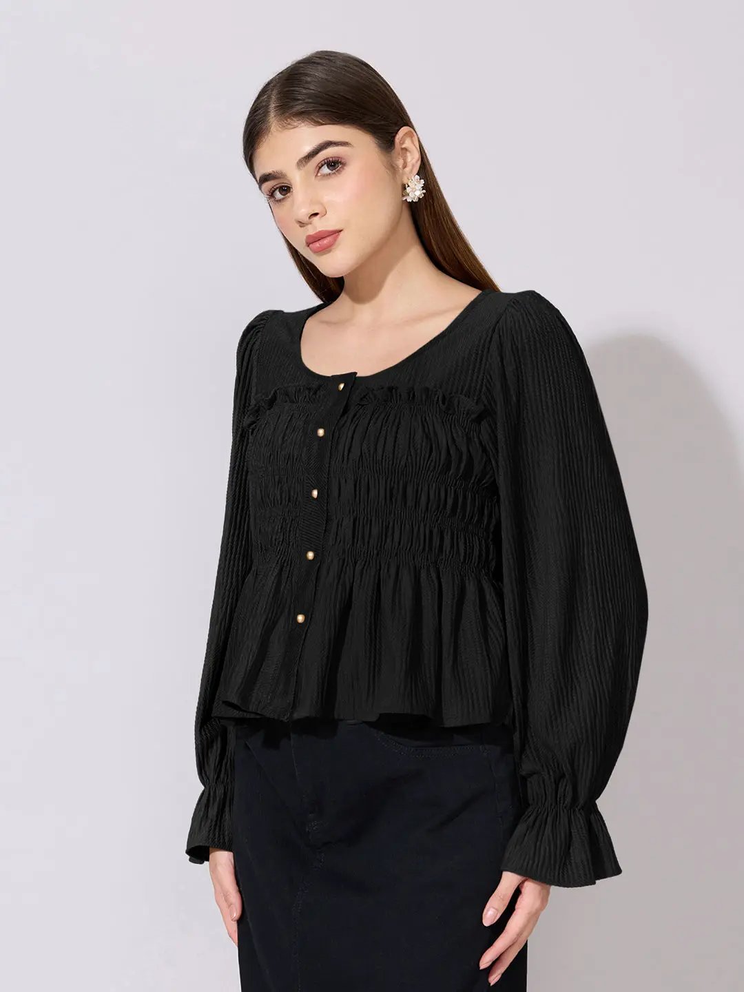 Women's Black V-Neck Long Sleeve Smocked Top - Uncategorized from SHOWOFFFF