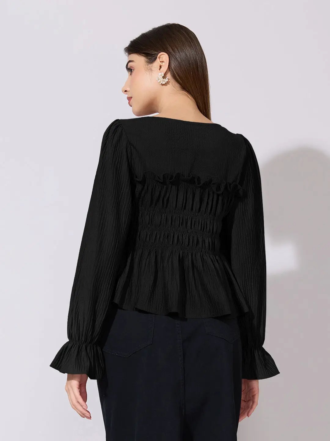 Women's Black V-Neck Long Sleeve Smocked Top - Uncategorized from SHOWOFFFF
