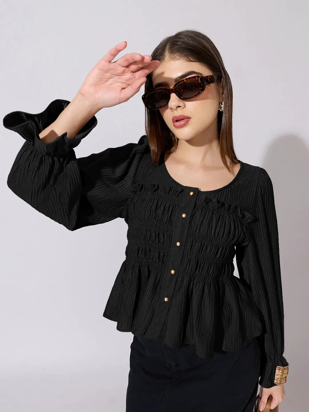 Women's Black V-Neck Long Sleeve Smocked Top - Uncategorized from SHOWOFFFF