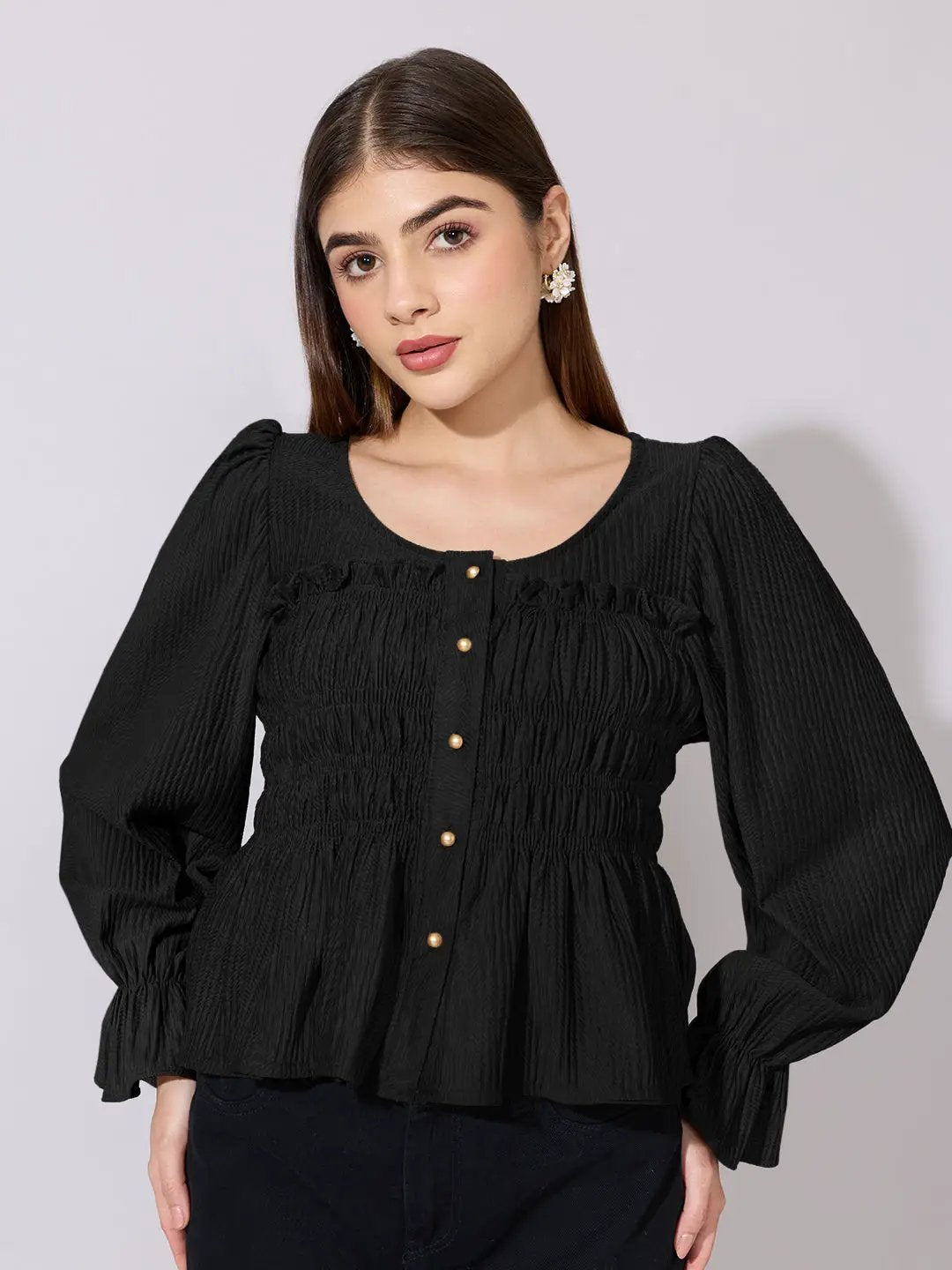 Women's Black V-Neck Long Sleeve Smocked Top - Uncategorized from SHOWOFFFF