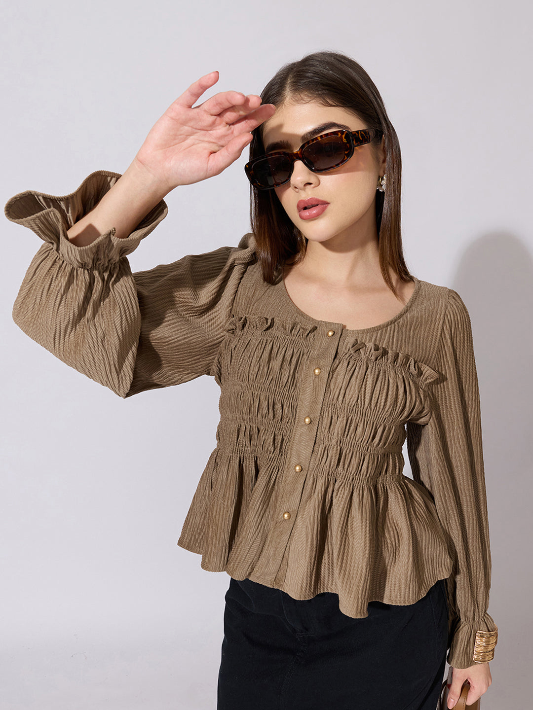 Women's Textured Khaki Smocked Peplum Top