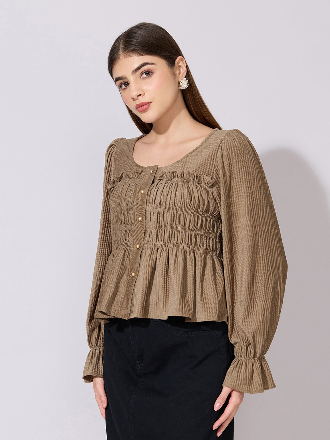 Women's Textured Khaki Smocked Peplum Top