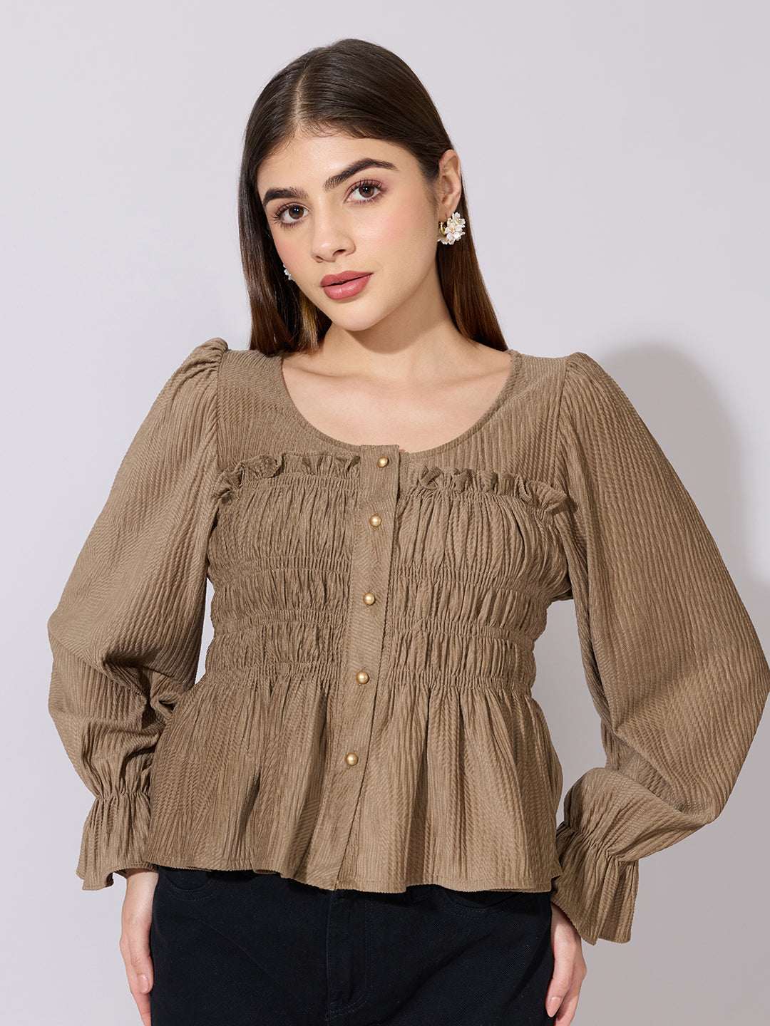 Women's Textured Khaki Smocked Peplum Top