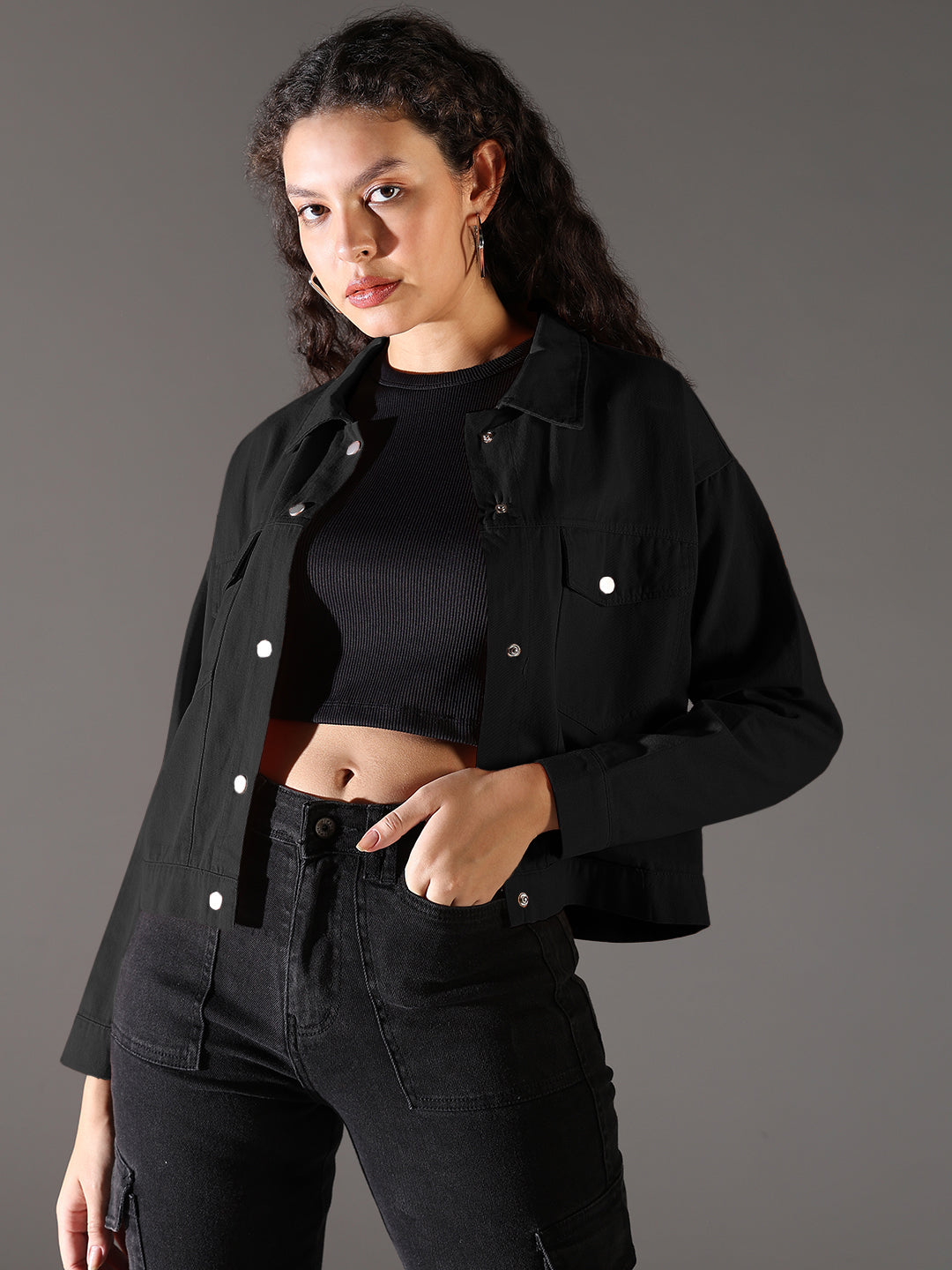 Women's Black Denim Jacket with Chest Pockets
