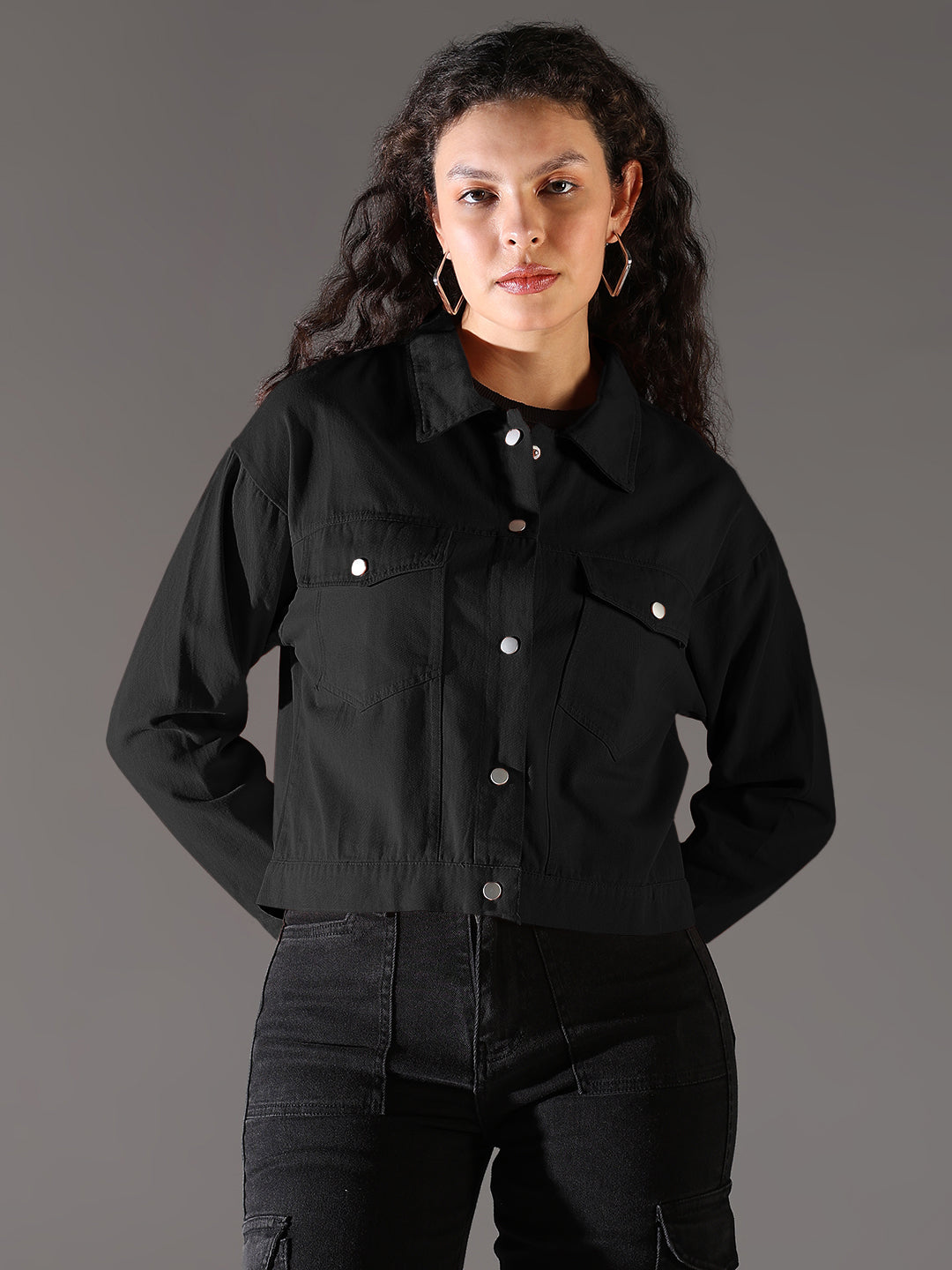 Women's Black Denim Jacket with Chest Pockets