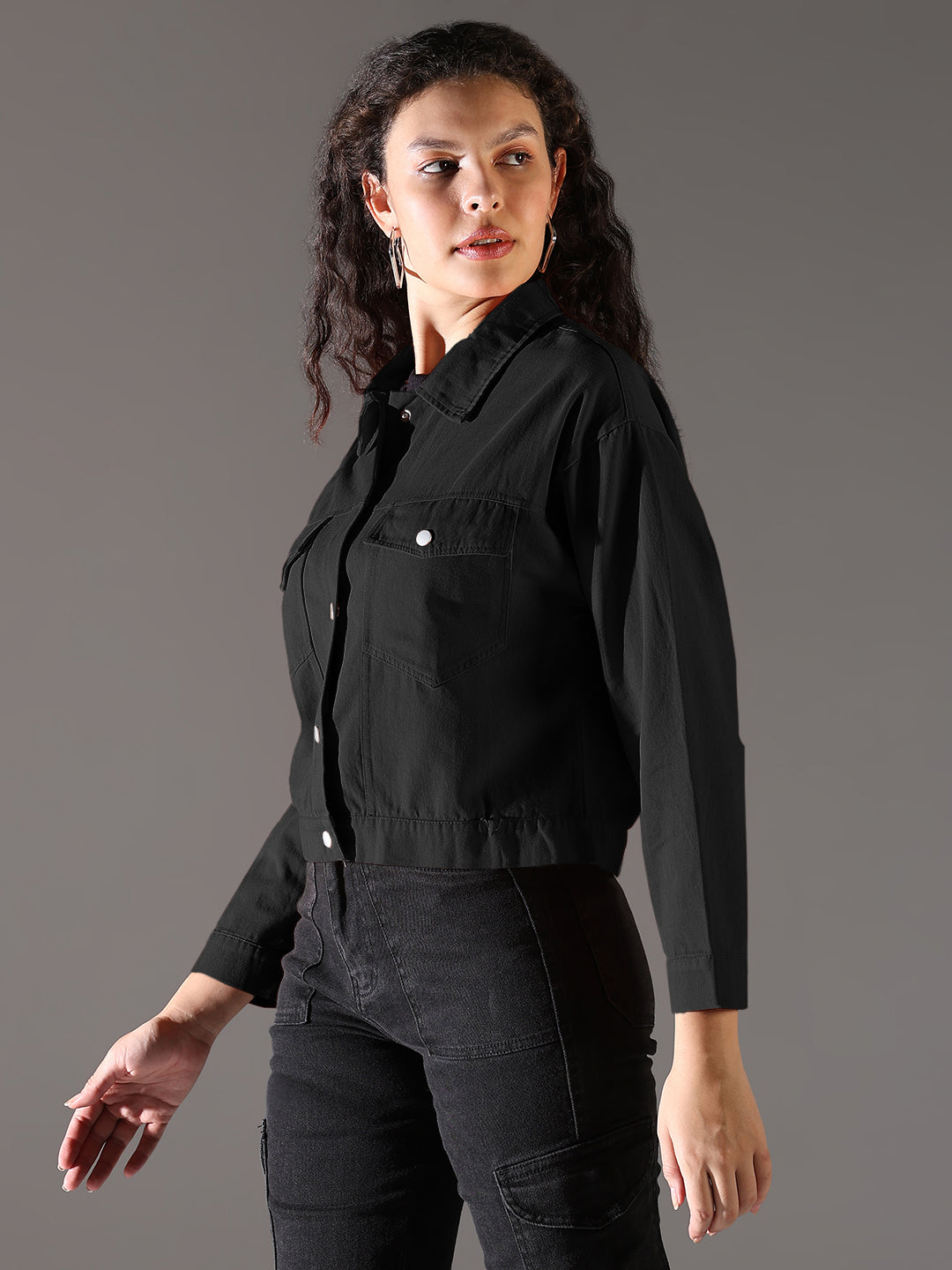 Women's Black Denim Jacket with Chest Pockets