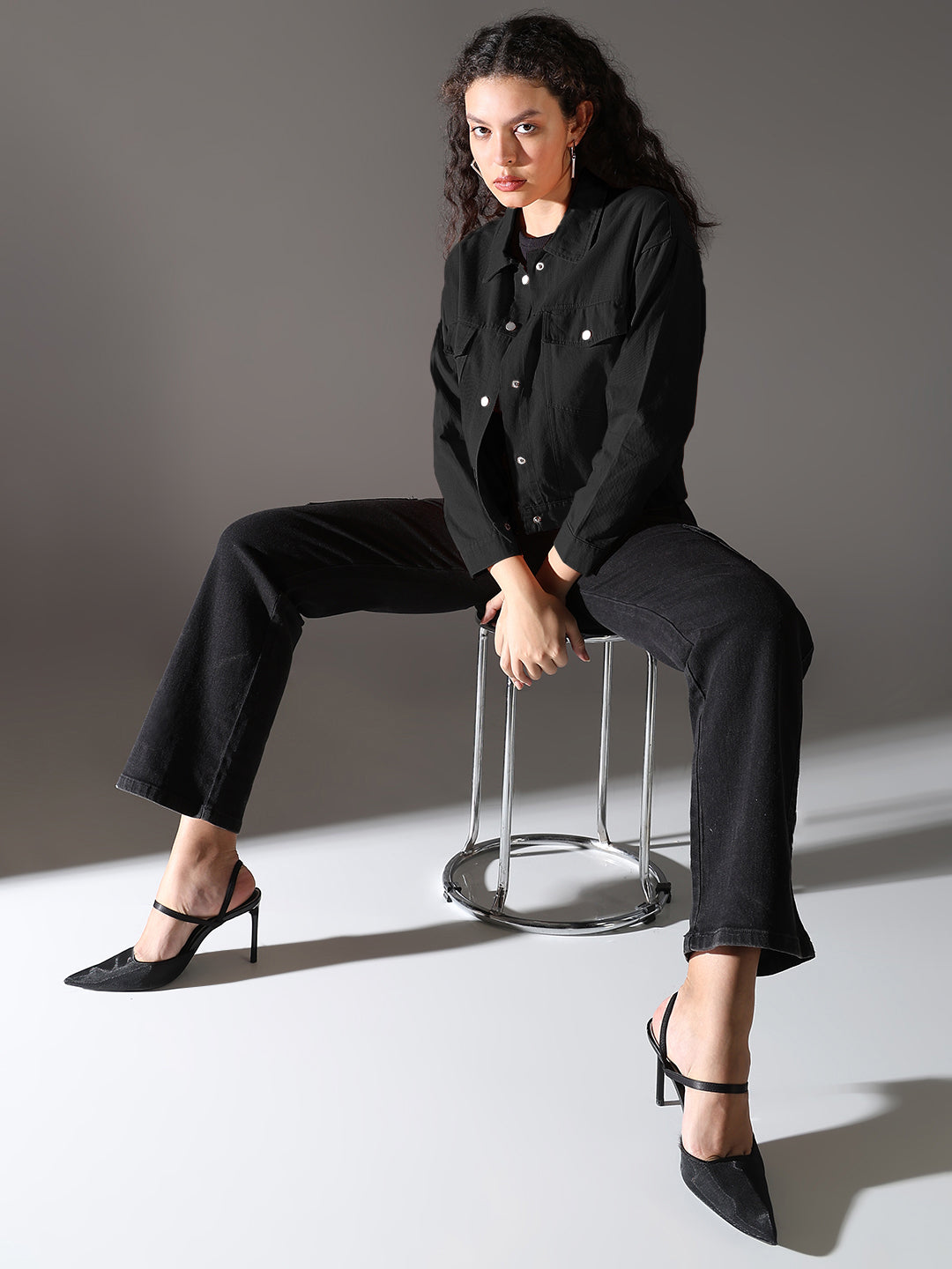 Women's Black Denim Jacket with Chest Pockets