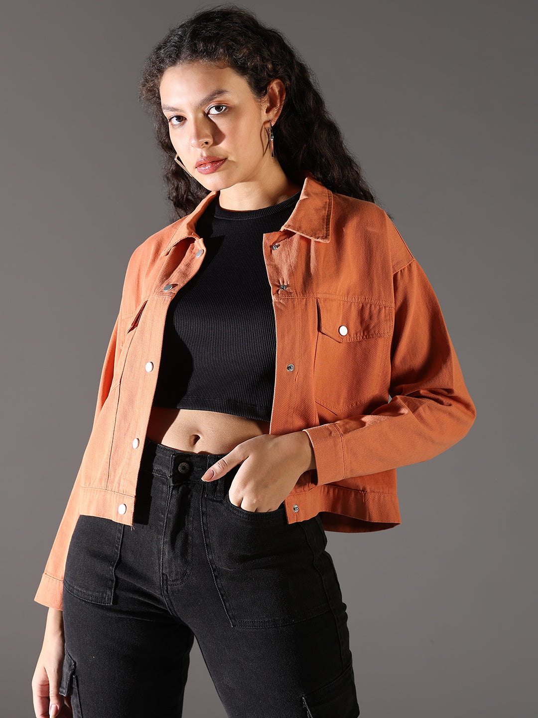 Women Orange Solid Crop Denim Jacket