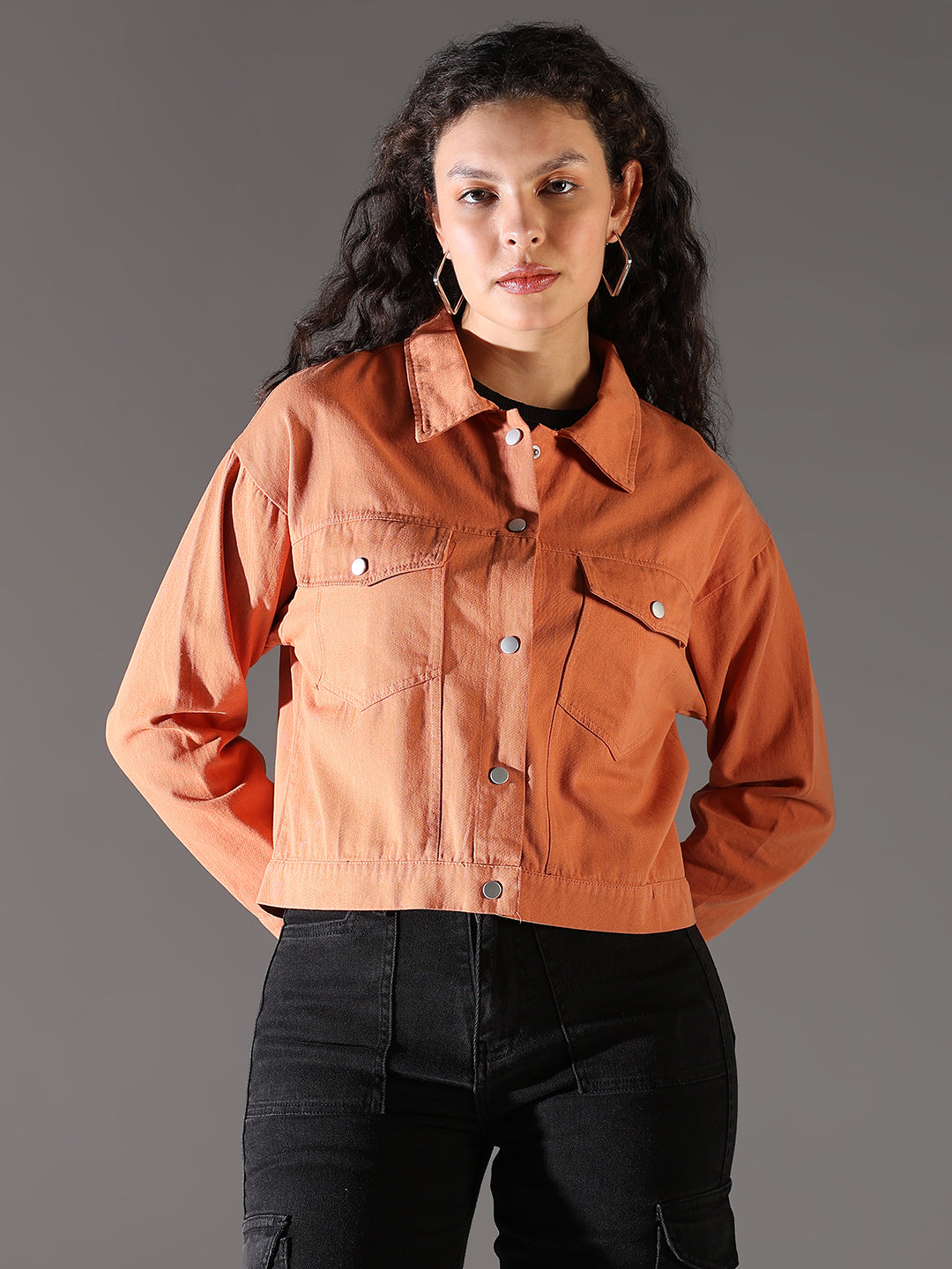 Women Orange Solid Crop Denim Jacket