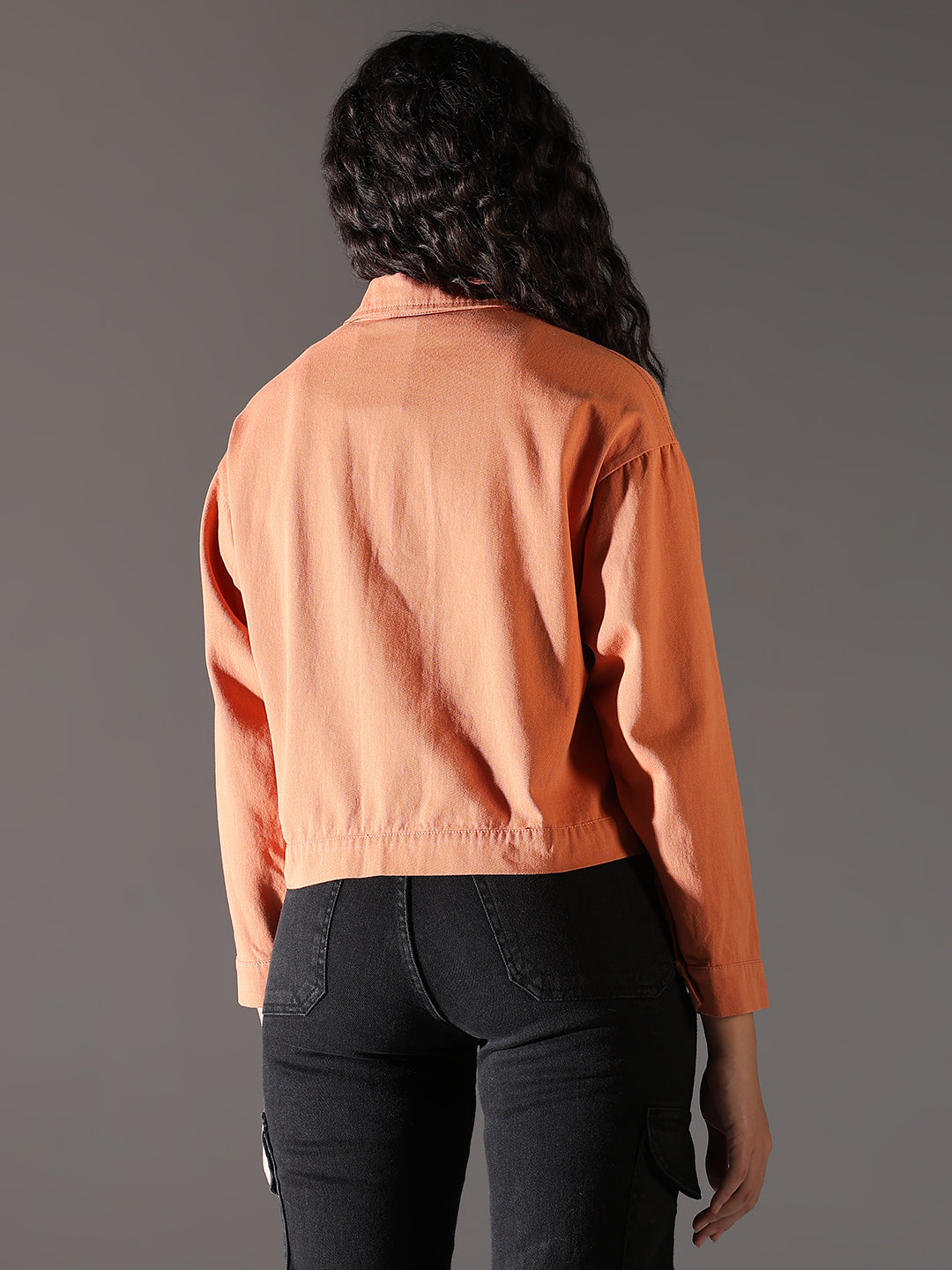 Women Orange Solid Crop Denim Jacket