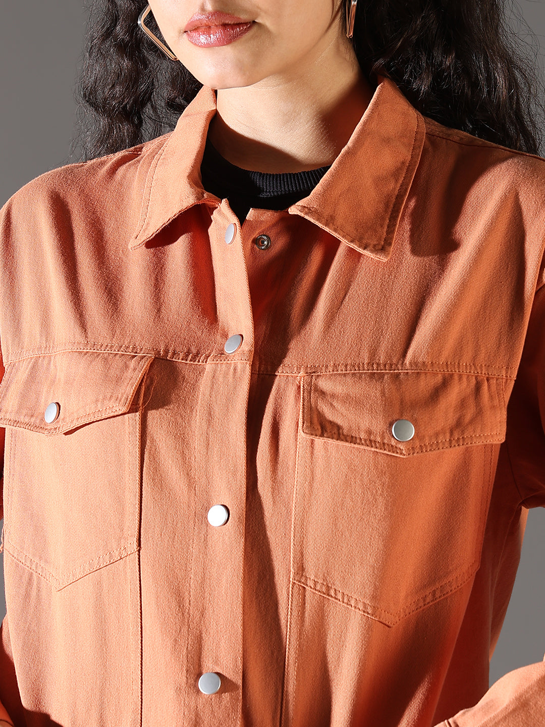 Women Orange Solid Crop Denim Jacket