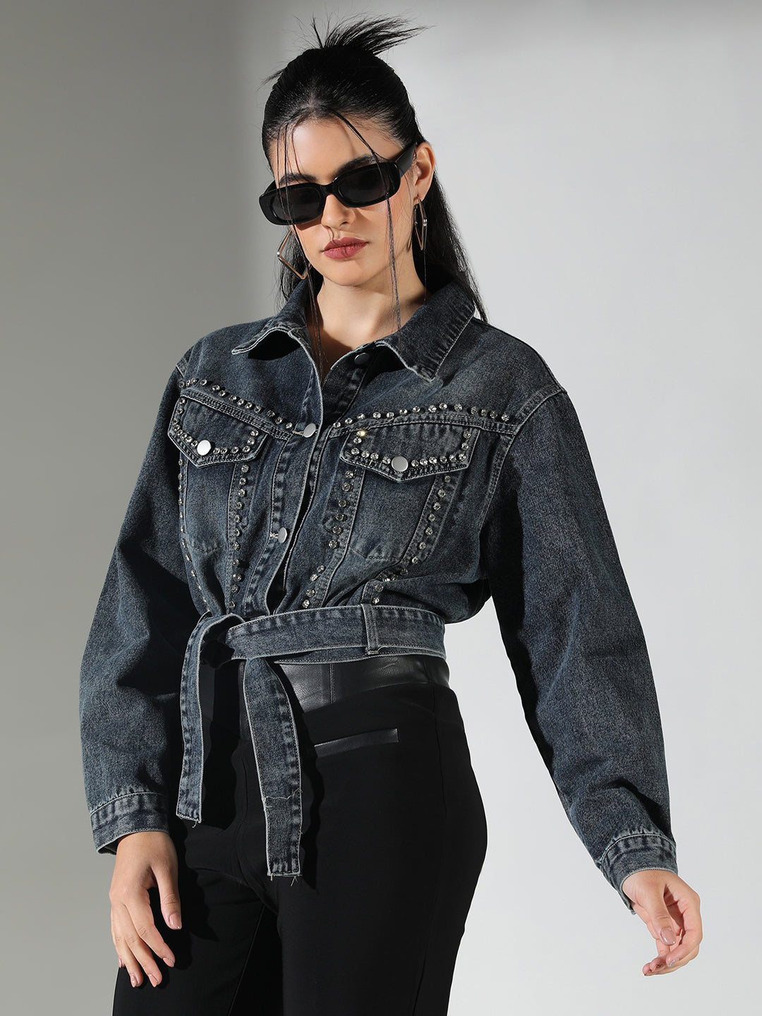 Women Navy Blue Solid Crop Denim Jacket