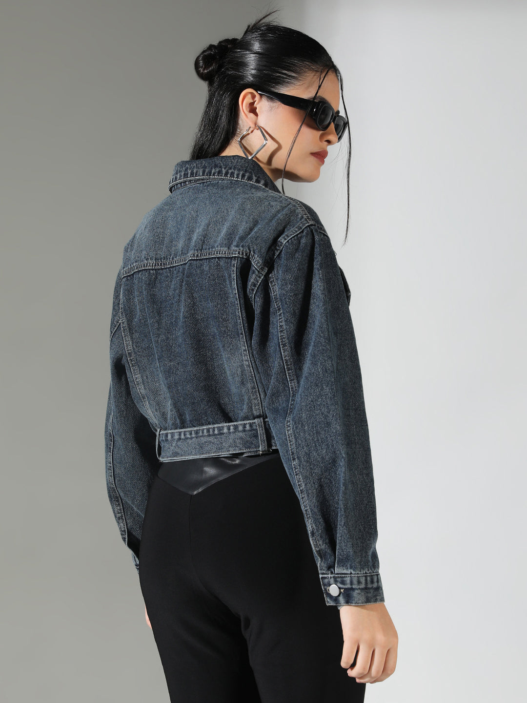 Women Navy Blue Solid Crop Denim Jacket