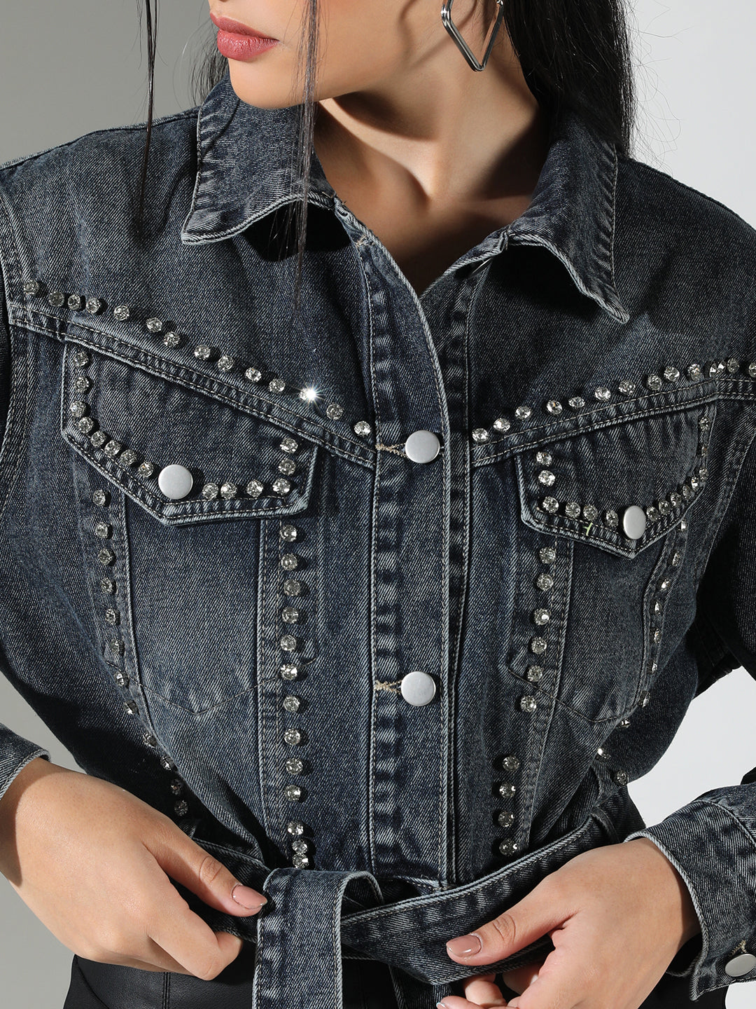 Women Navy Blue Solid Crop Denim Jacket