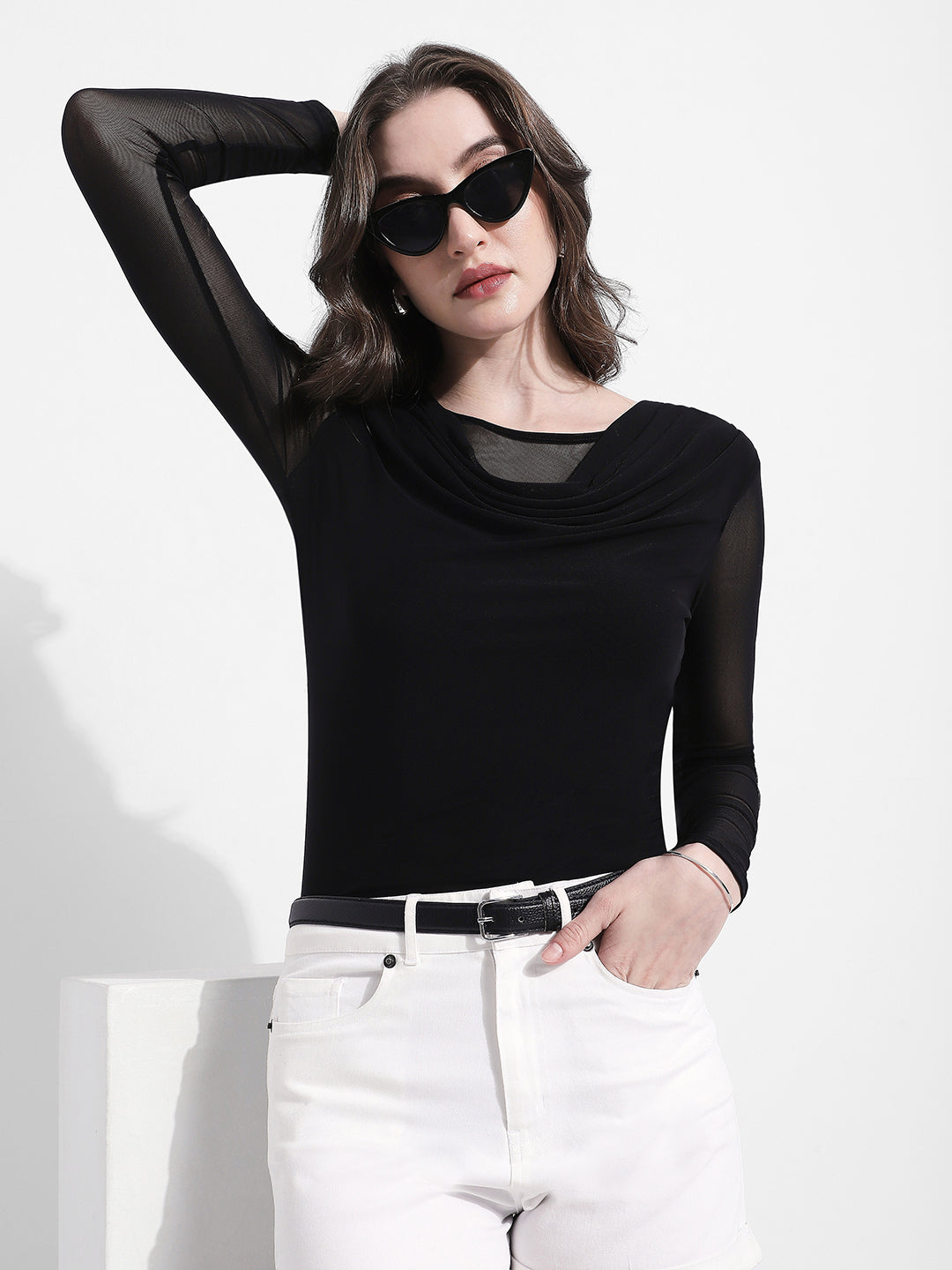 Women's Black Long Sleeve Mesh Top with Draped Neckline