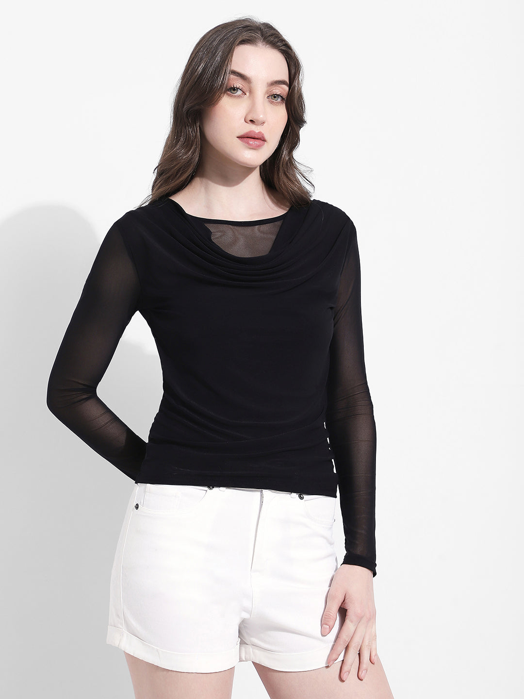 Women's Black Long Sleeve Mesh Top with Draped Neckline