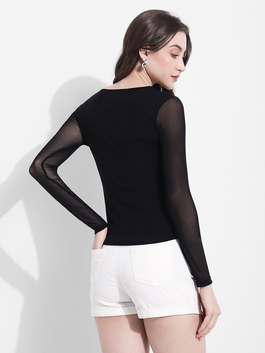 Women's Black Long Sleeve Mesh Top with Draped Neckline
