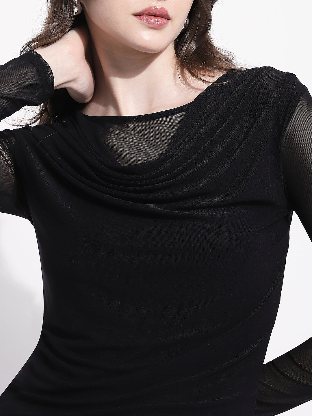 Women's Black Long Sleeve Mesh Top with Draped Neckline