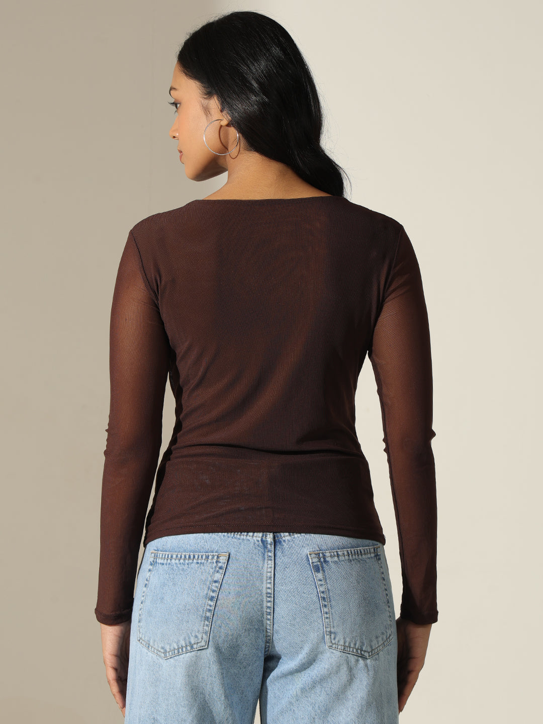 Women's Sheer Brown Drape-Neck Mesh Top