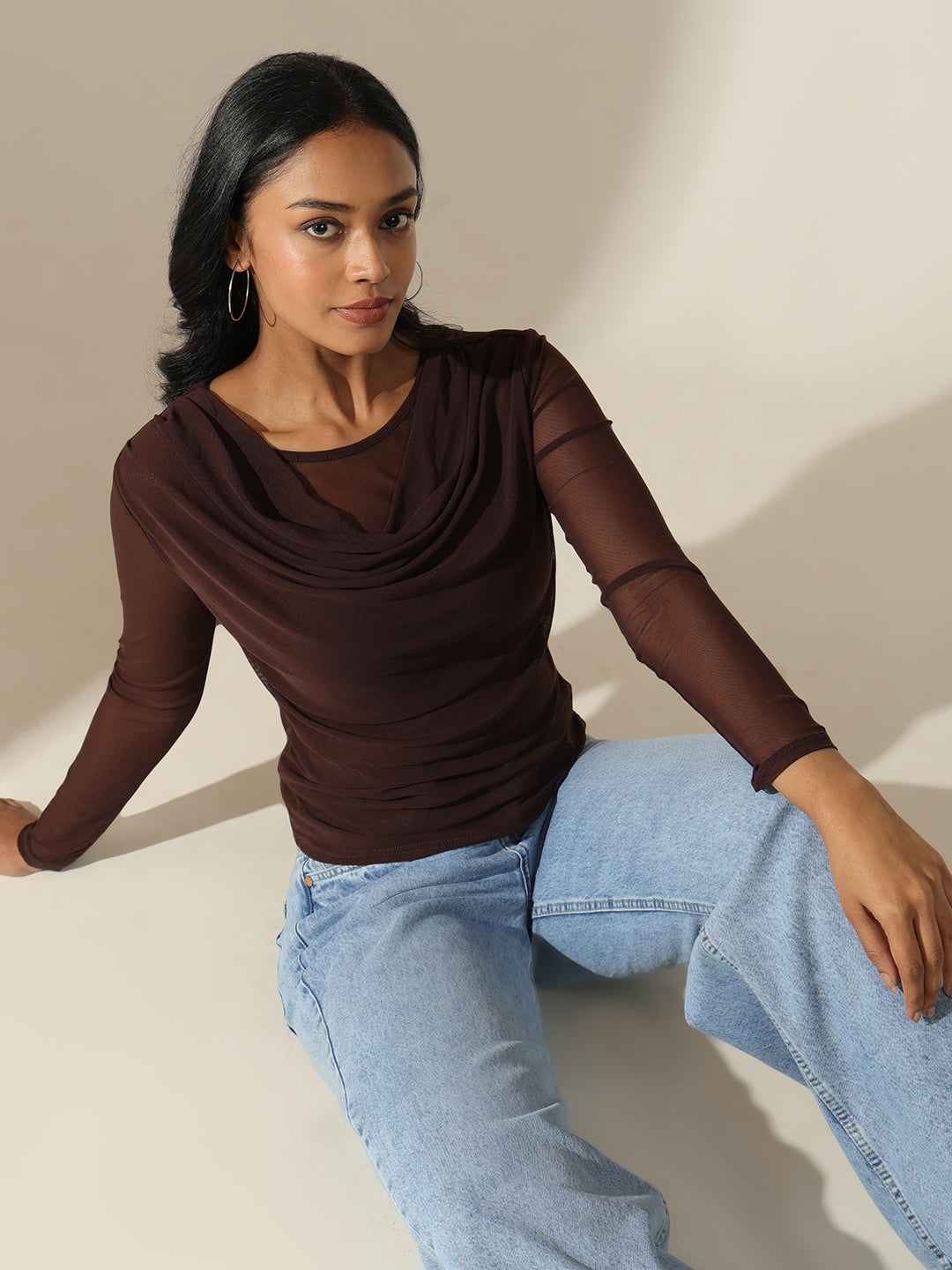 Women's Sheer Brown Drape-Neck Mesh Top
