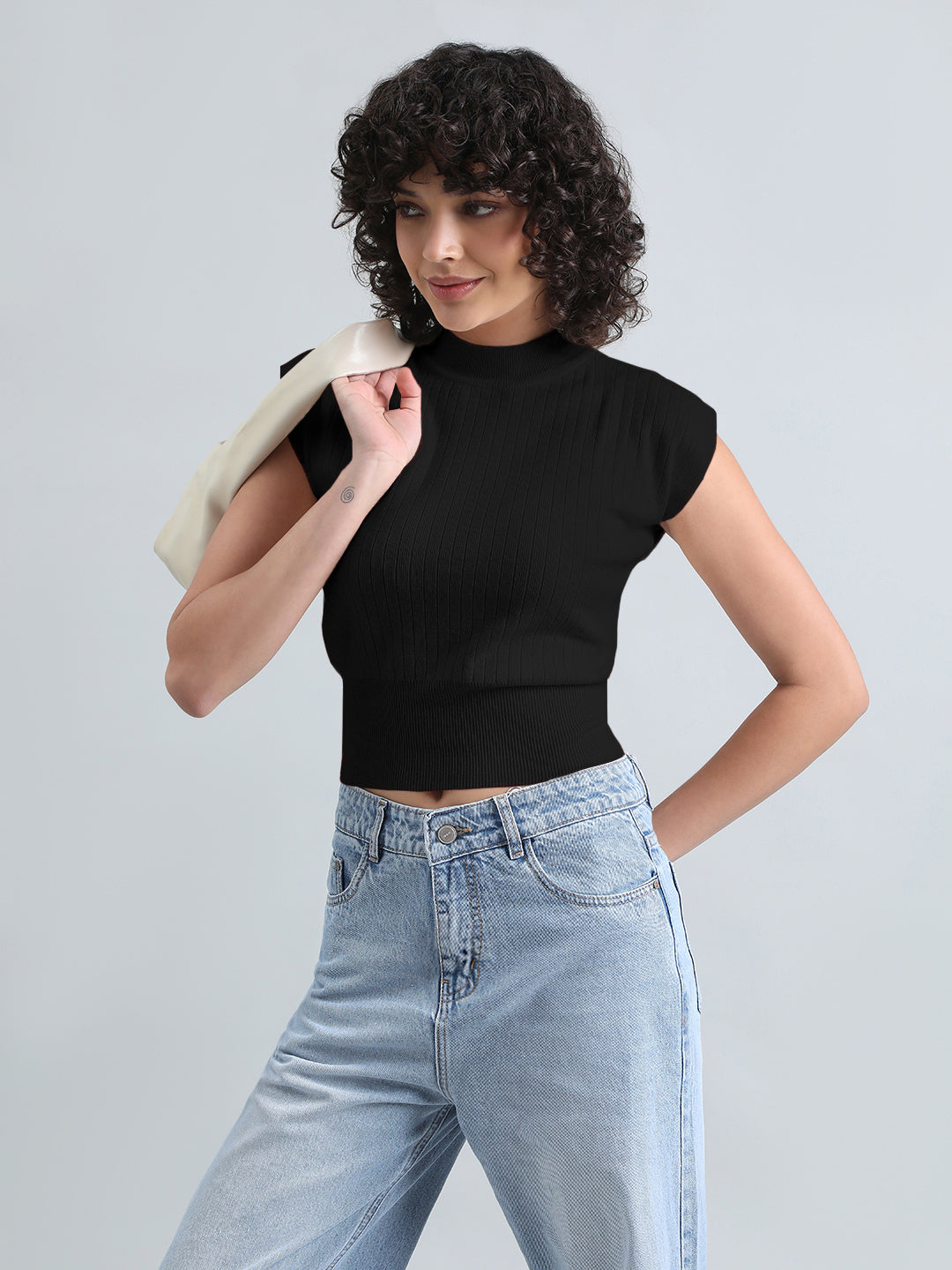 Women's Black Ribbed Mock Neck Sleeveless Top