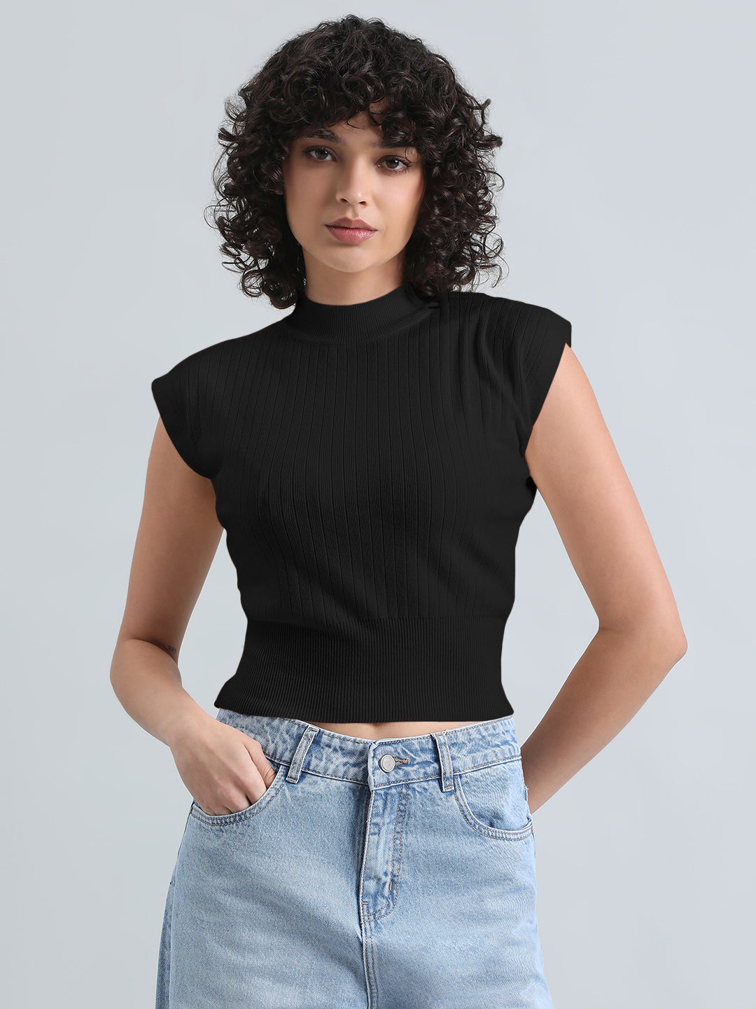 Women's Black Ribbed Mock Neck Sleeveless Top