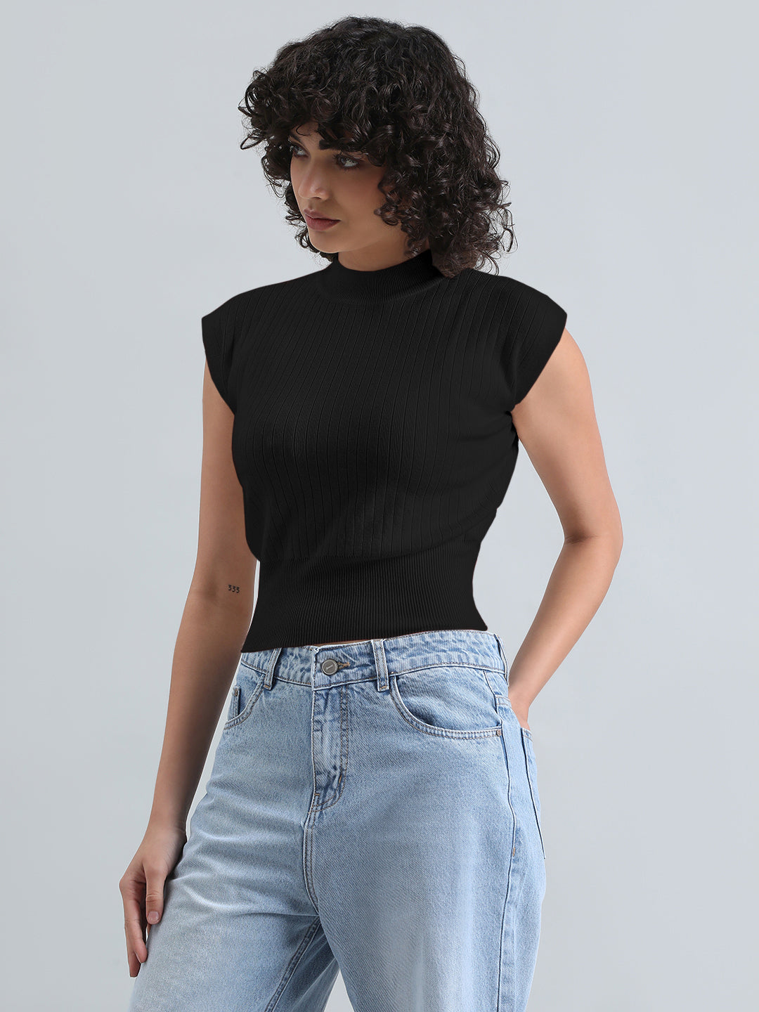 Women's Black Ribbed Mock Neck Sleeveless Top