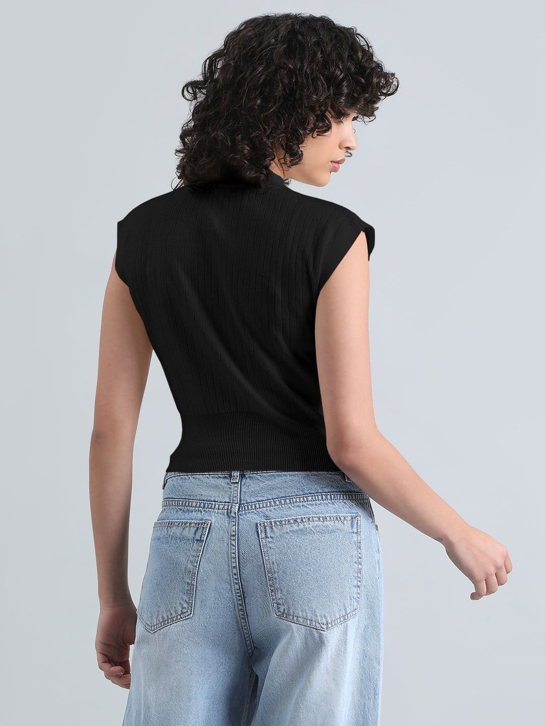 Women's Black Ribbed Mock Neck Sleeveless Top