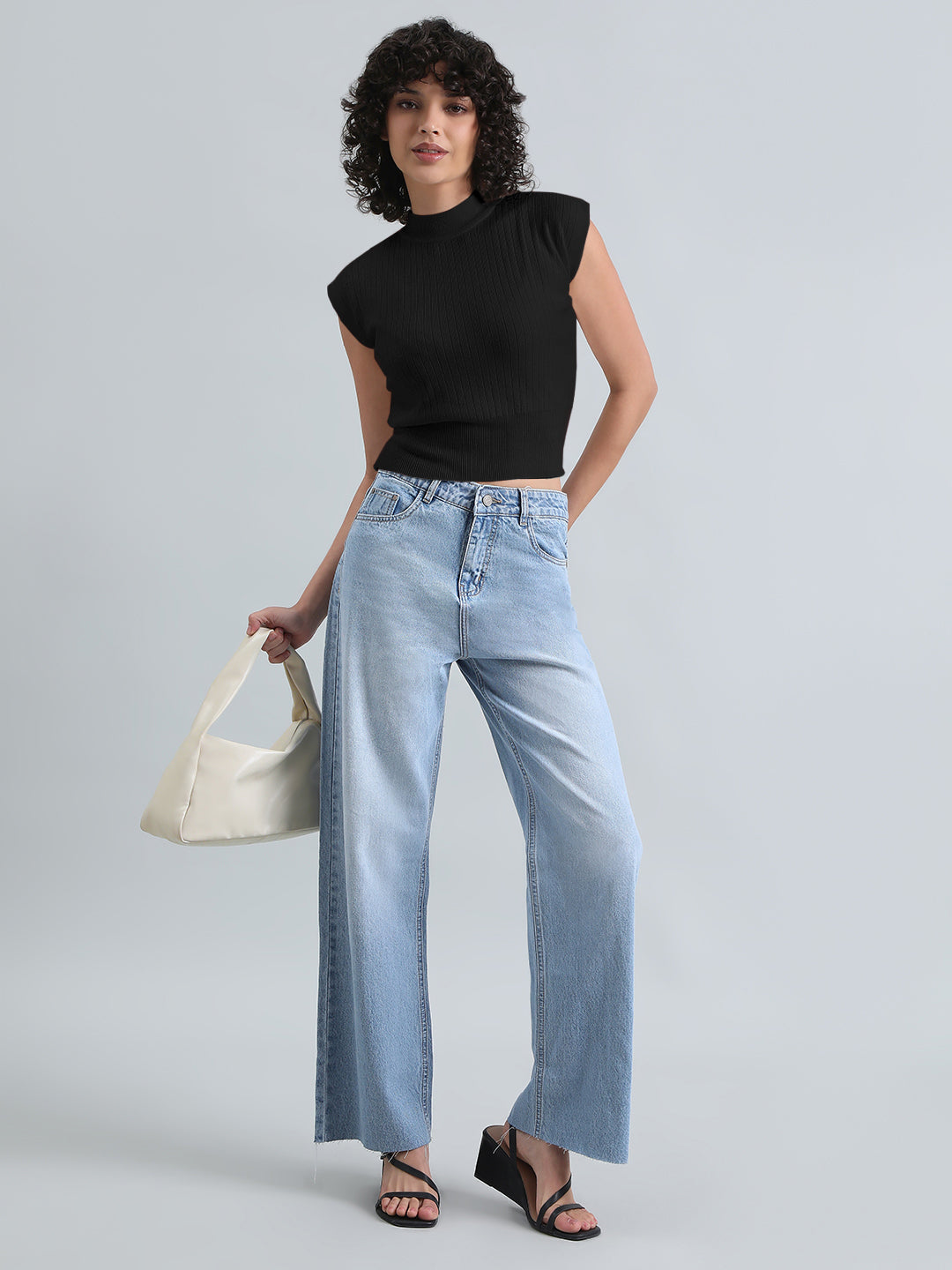 Women's Black Ribbed Mock Neck Sleeveless Top